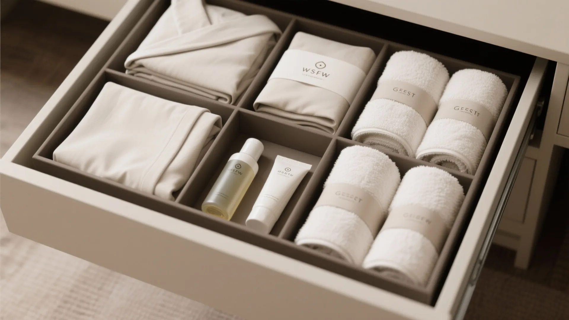 Guest essentials neatly arranged in drawer