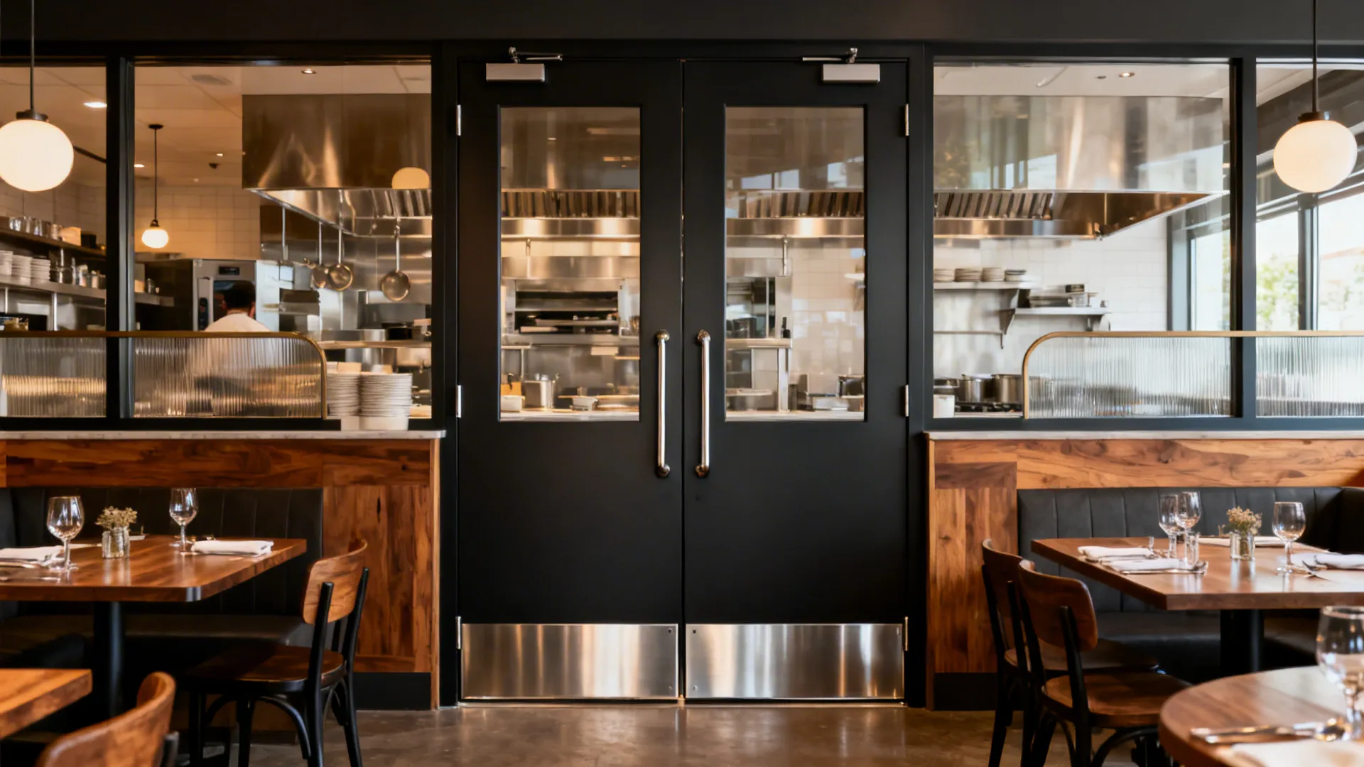 Guest-facing double swing doors with dark satin finish and stainless kick plates at an open kitchen.