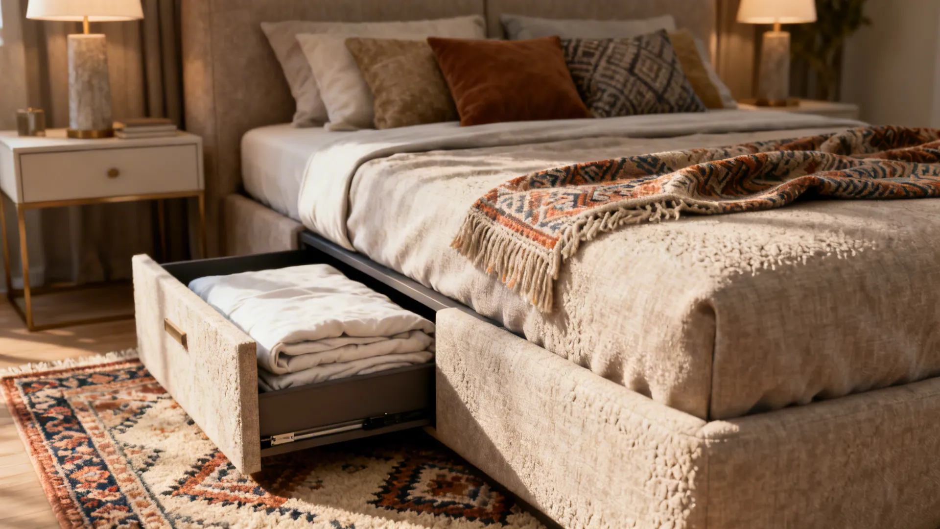 Comfortable bed with open storage drawer containing white blankets next to a small side table