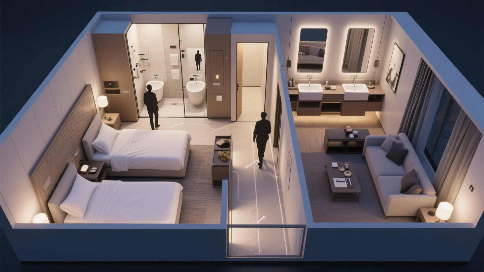 Interior design drawing of a hotel suite with bedroom and living room showing guest flow