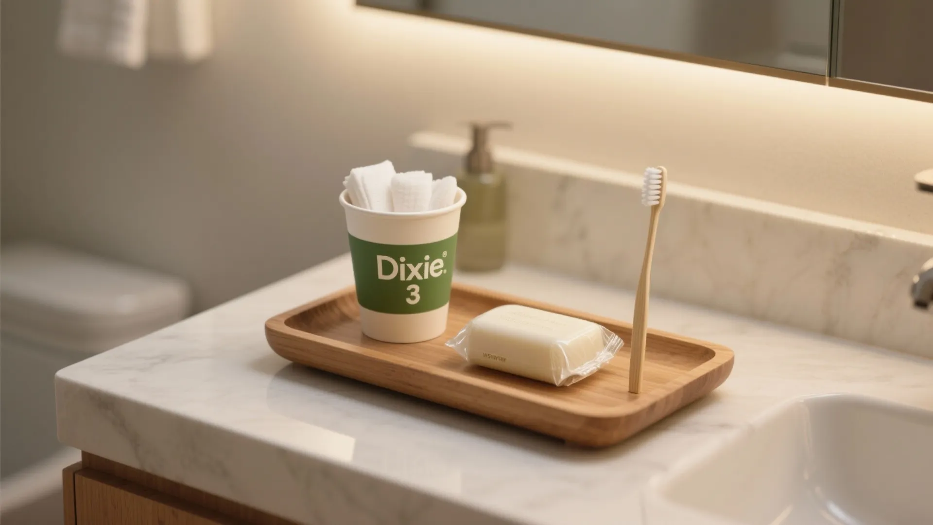 Wooden tray on marble counter holding a bar of soap, toothbrush, and a paper cup