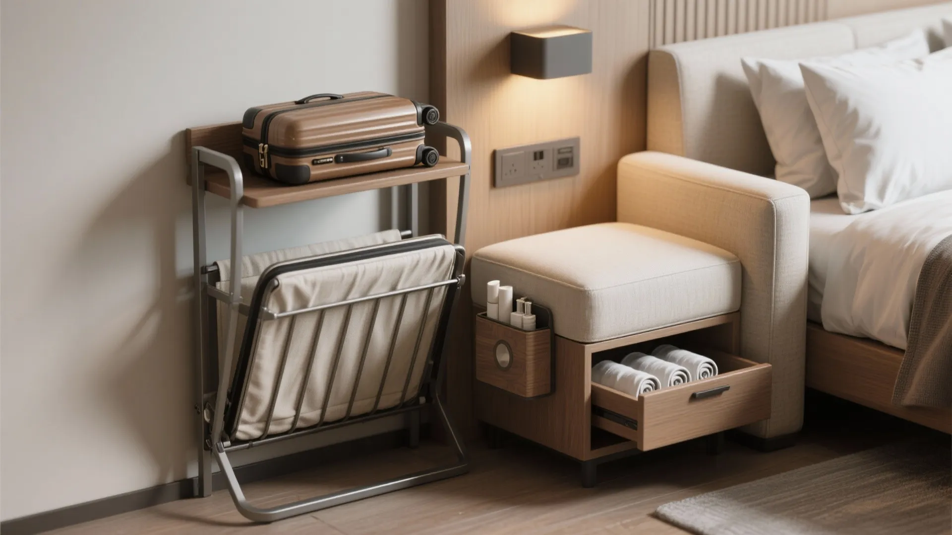 Compact guest essentials like a collapsible luggage shelf, bedside caddy, and storage ottoman in a small room niche.
