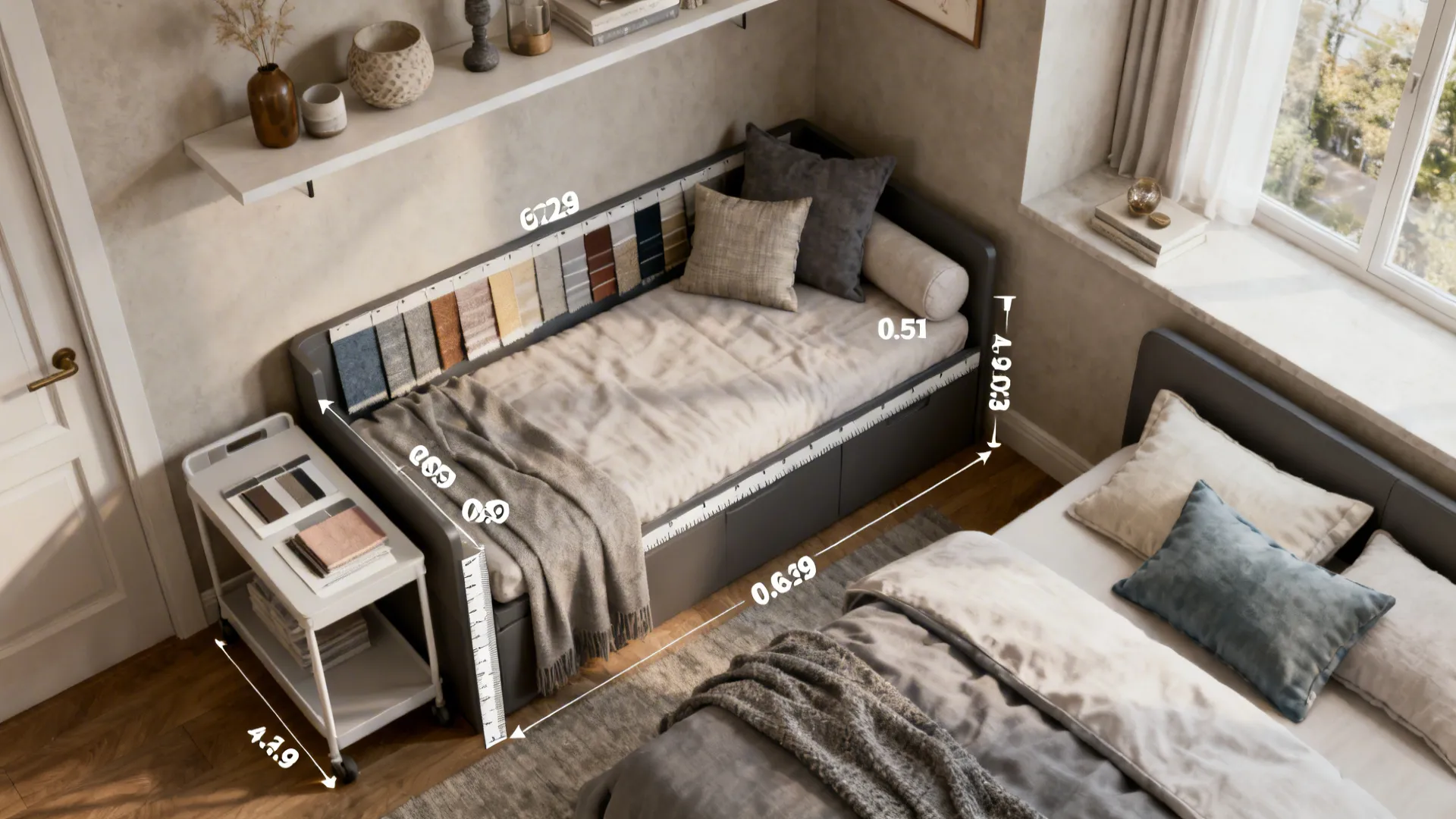 Top-down flatlay of daybed materials, fabric swatches and shelving accents for a guest nook.