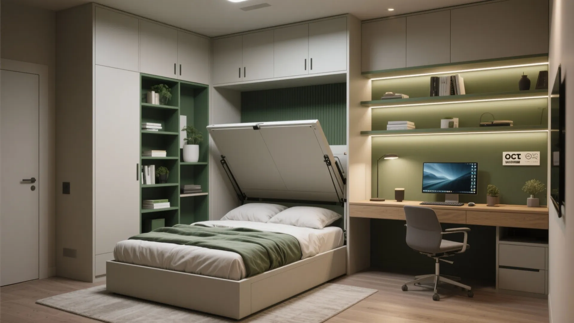 Modern small guest bedroom and home office with green wall shelves and a folding bed