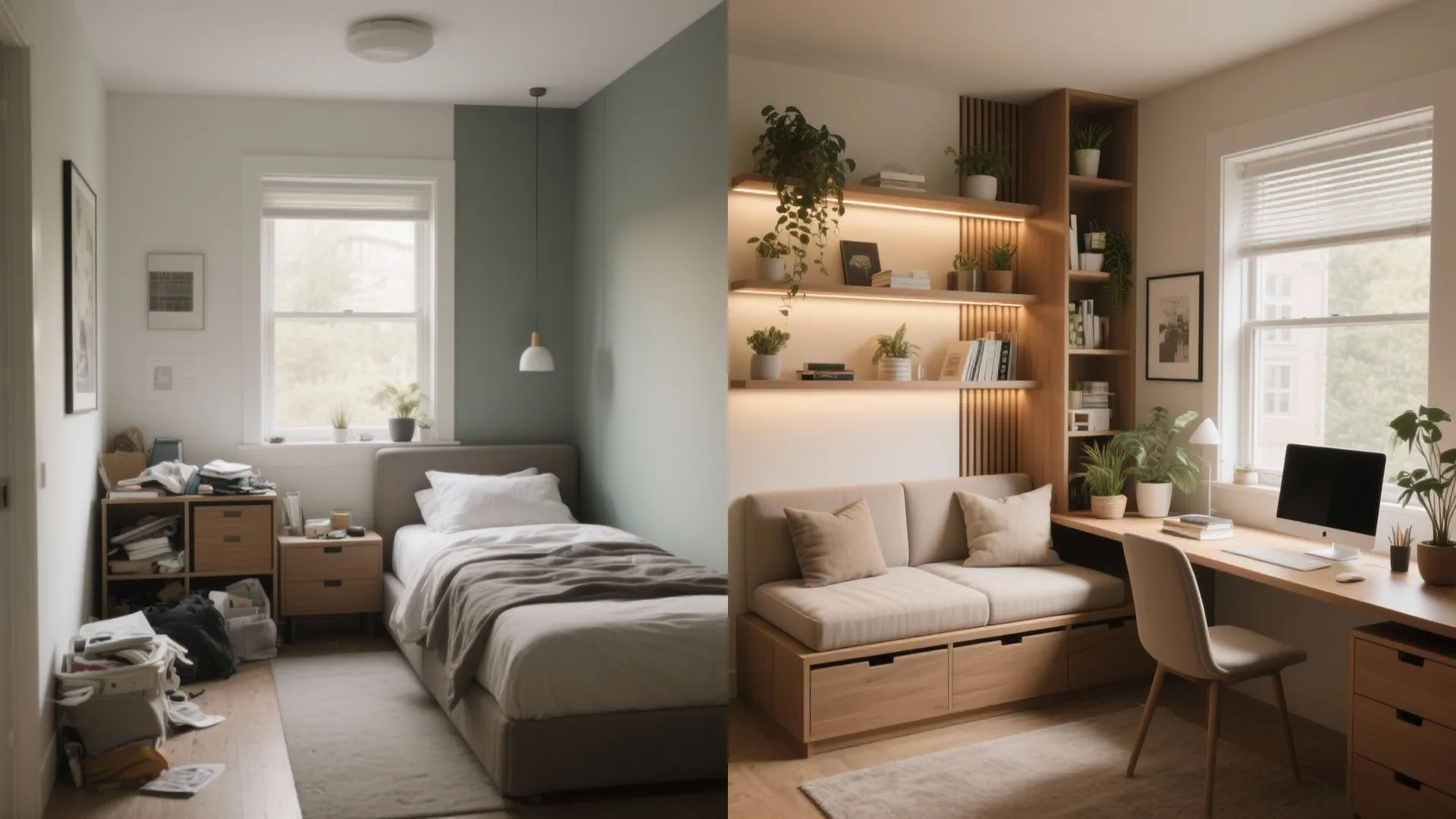 Before-and-after of a small bedroom converted into a flexible guest room and home office with a daybed and floating desk.