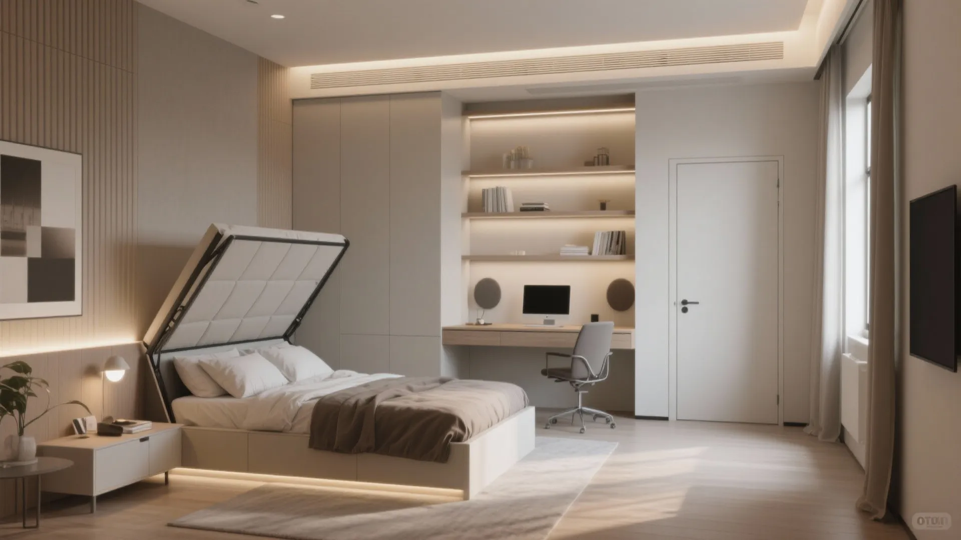 Modern bedroom with a folding wall bed and home office desk featuring integrated storage cabinets