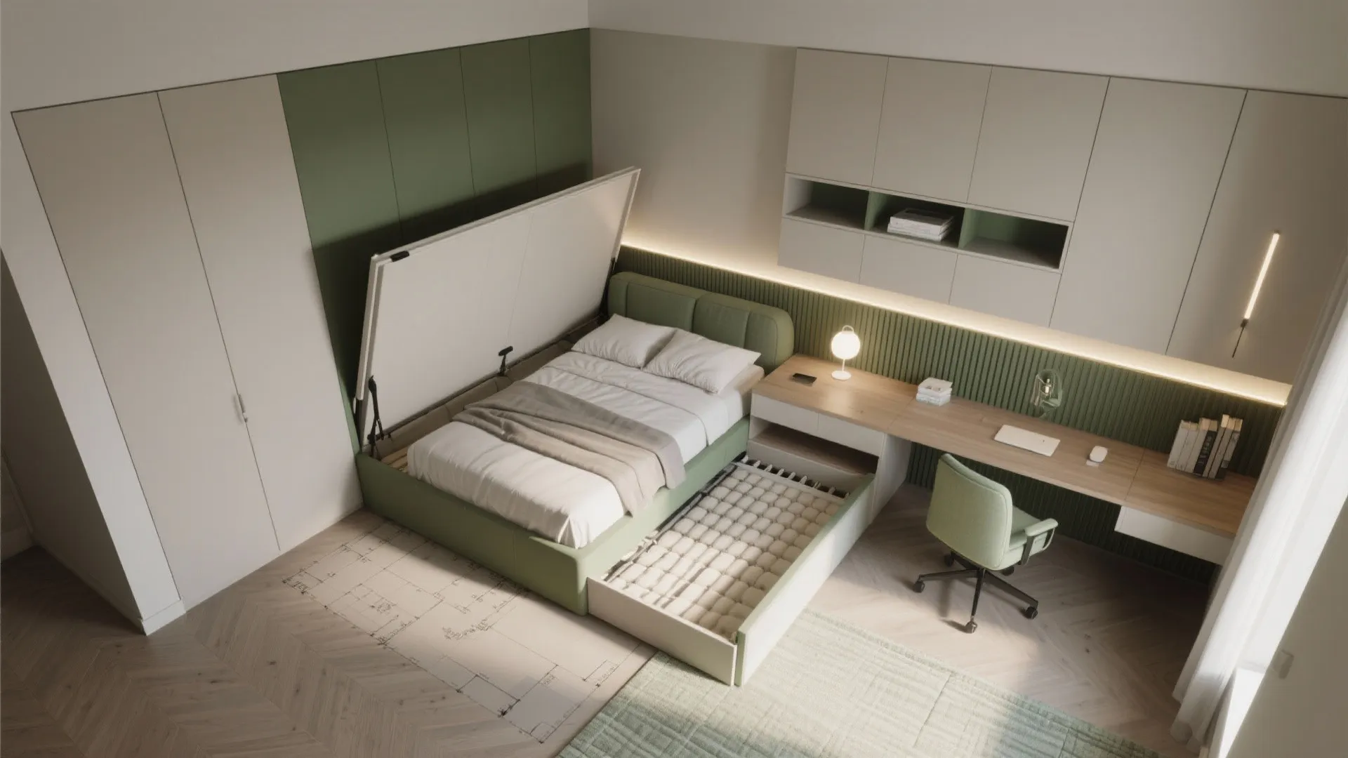 Top-down view of a flexible guest room that doubles as a home office with a wall bed and fold-down desk