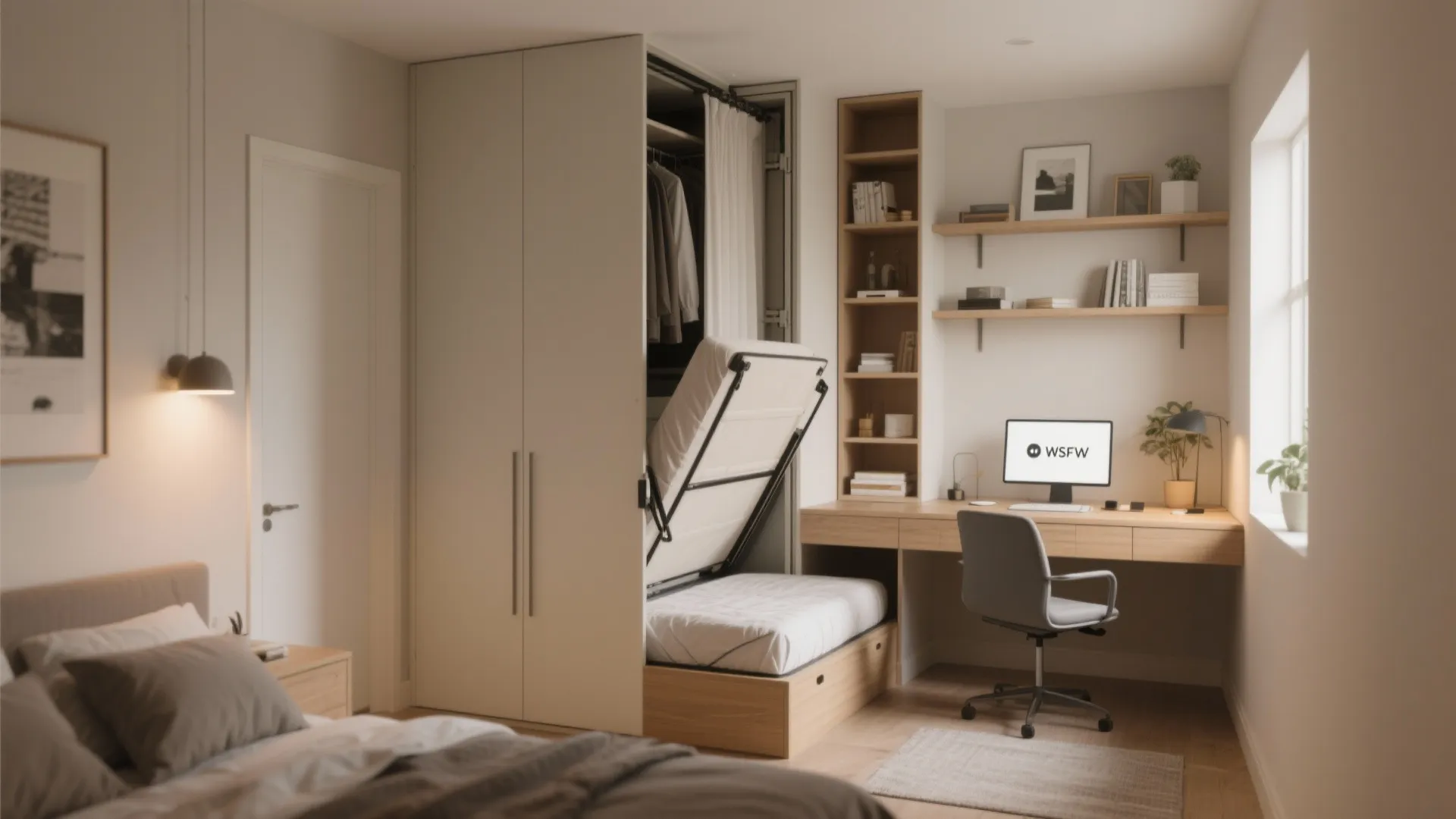 Functional home office with wooden desk and a white pull-down bed integrated into the storage cabinet