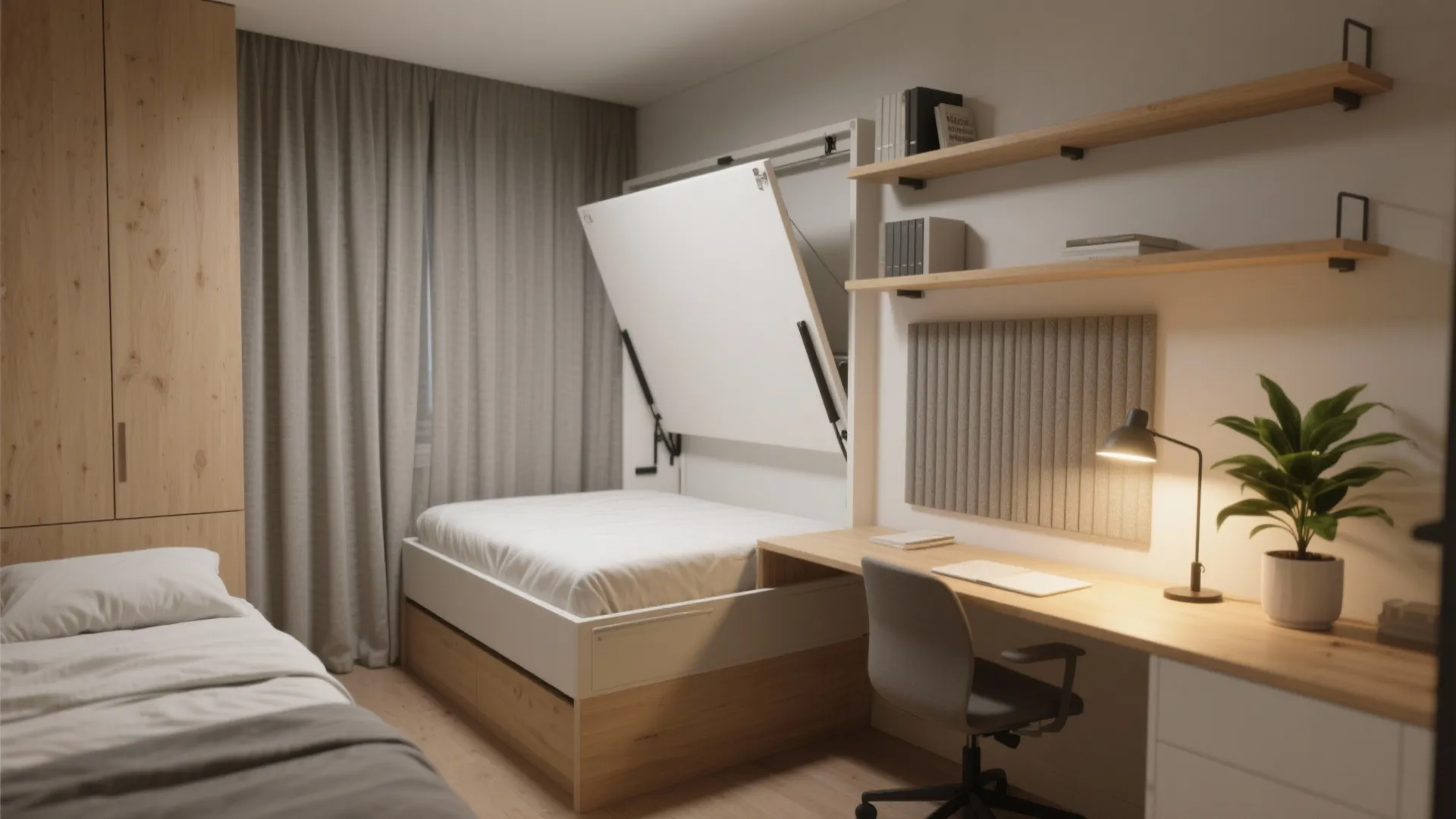 Flexible guest bedroom doubling as a home office with a folded murphy bed and fold-down desk.