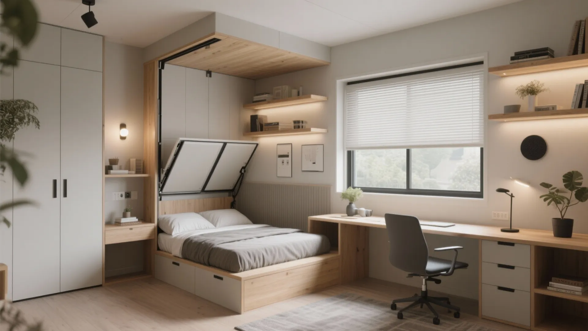 Modern small home office with wall bed wooden desk black chair white wardrobe and window