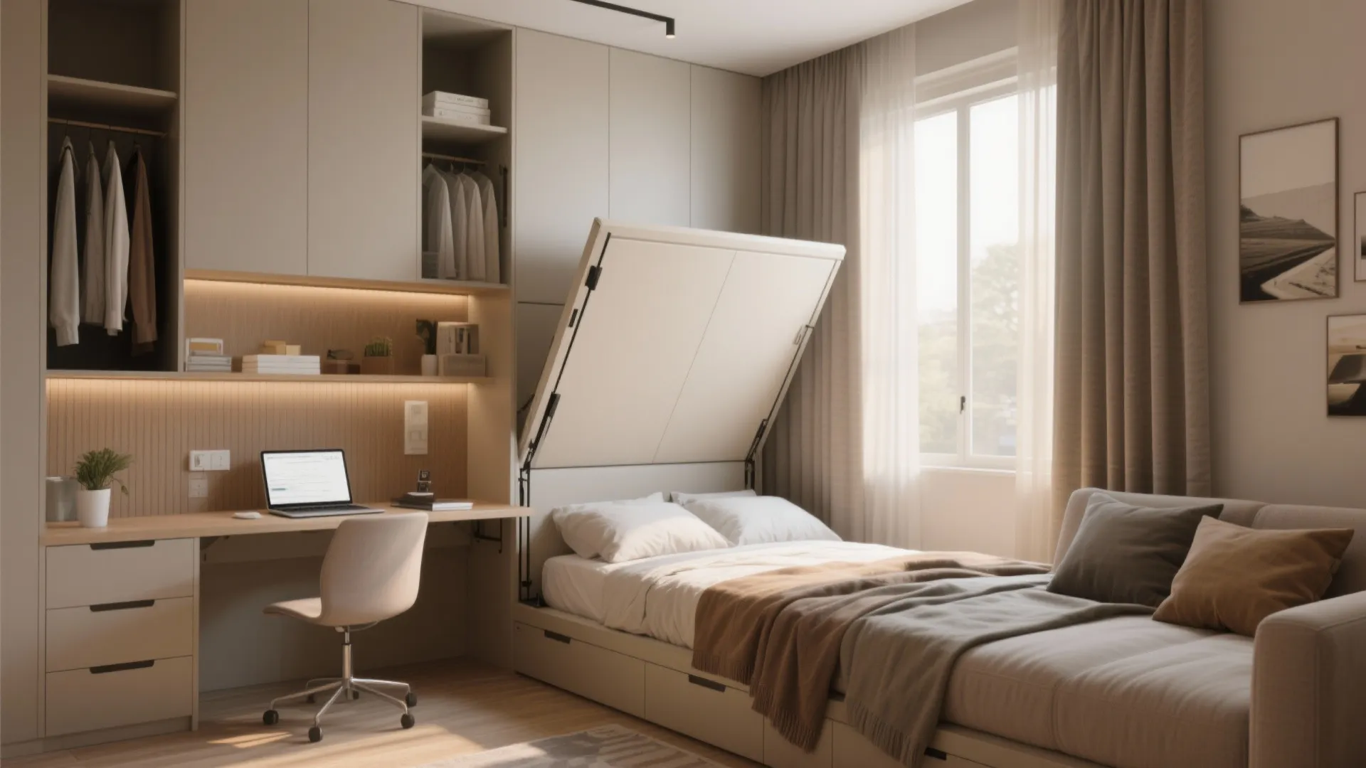 Hybrid guest room and home office with a Murphy bed, fold-down desk and overhead storage.