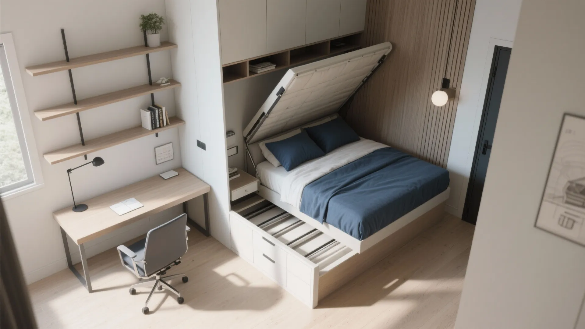 Modern home office with wooden desk grey chair and wall mounted bed with blue bedding