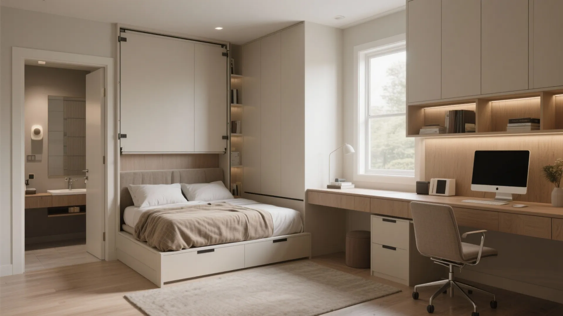 Flexible guest room with Murphy bed folded up to reveal a functional home office and ensuite access.