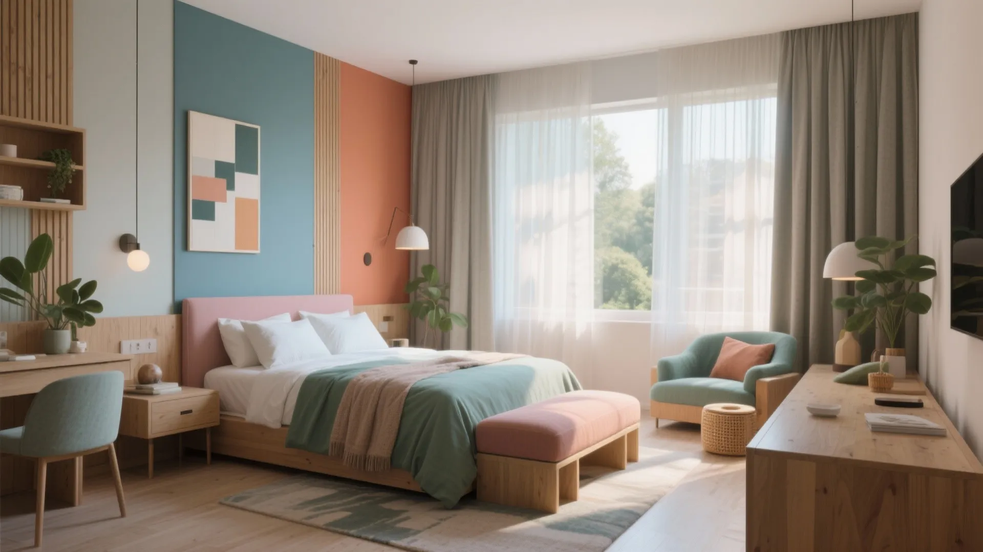Colorful guest room interior with blue and orange walls wooden furniture green armchair and large windows