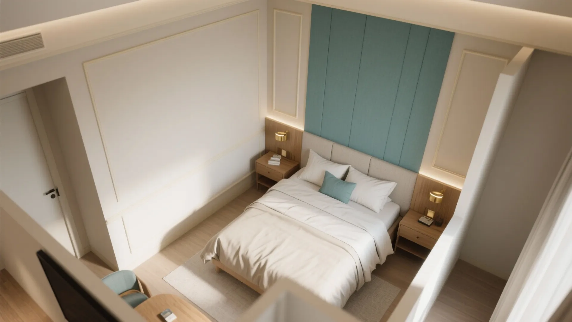 Top view of a small modern bedroom featuring a teal wall panel and light wood