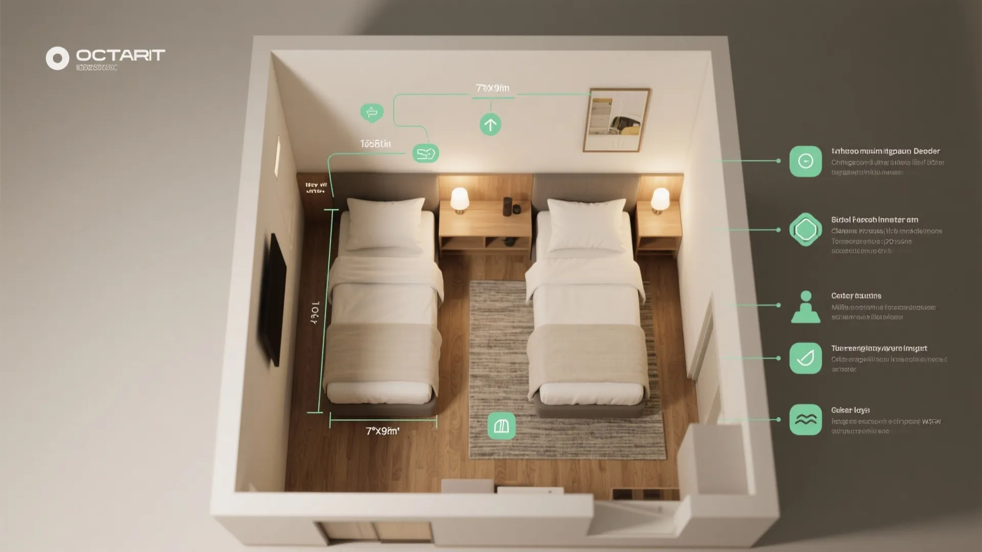 Interior design drawing of guest room with two beds bedside tables and various green labels