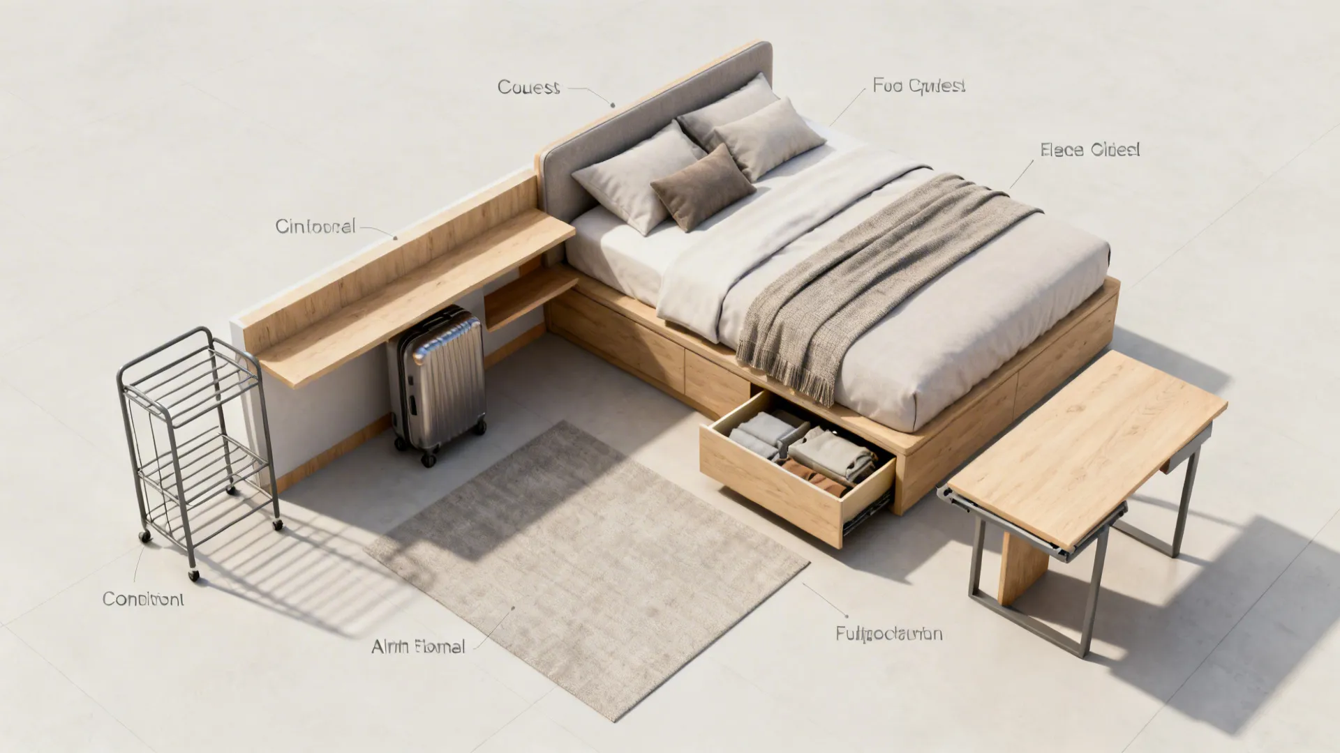 Top-down 3D floor plan of a small guest room with suggested furniture layout and storage.
