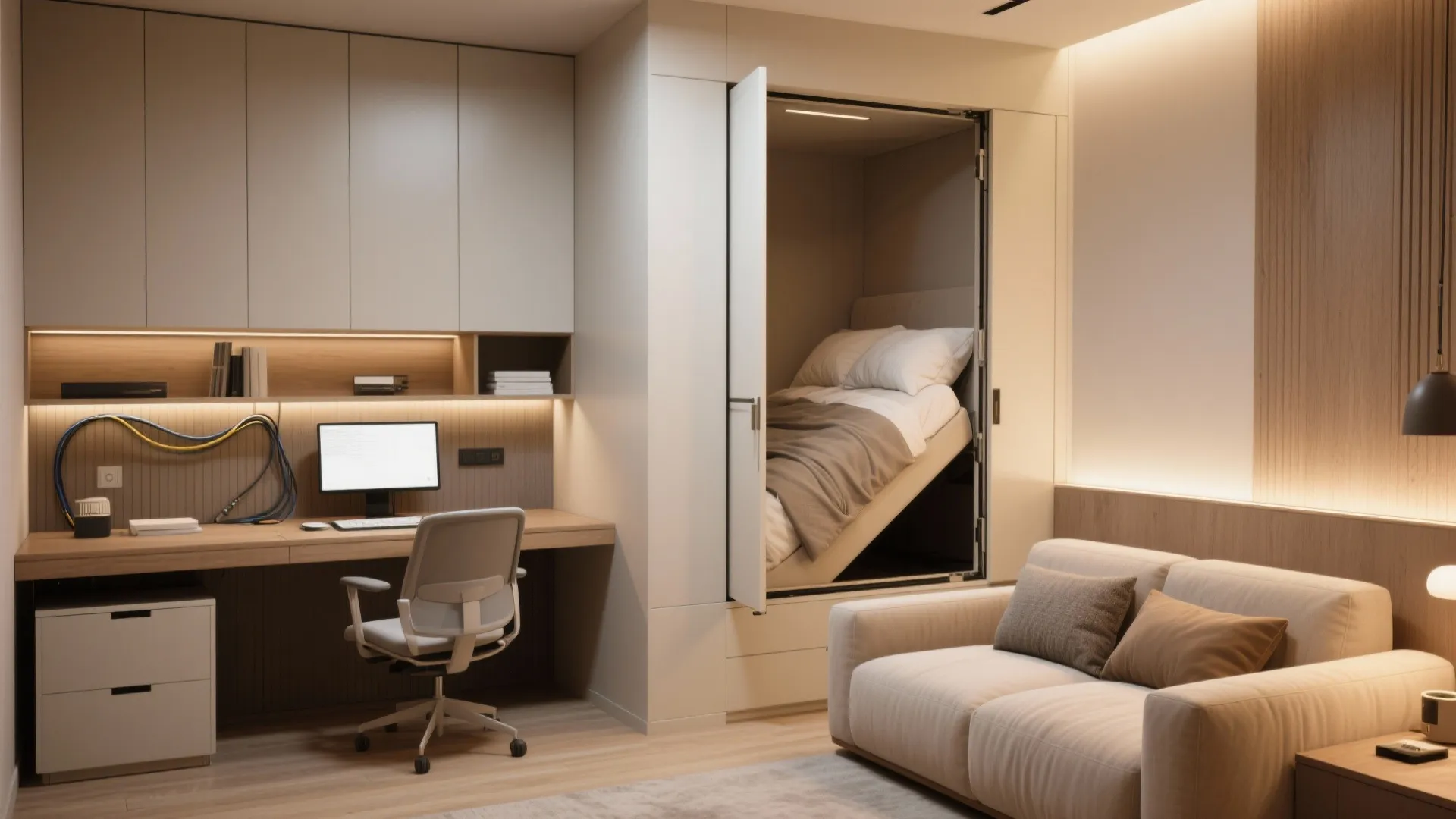 Guest room with fold-down Murphy bed and built-in desk for daily use