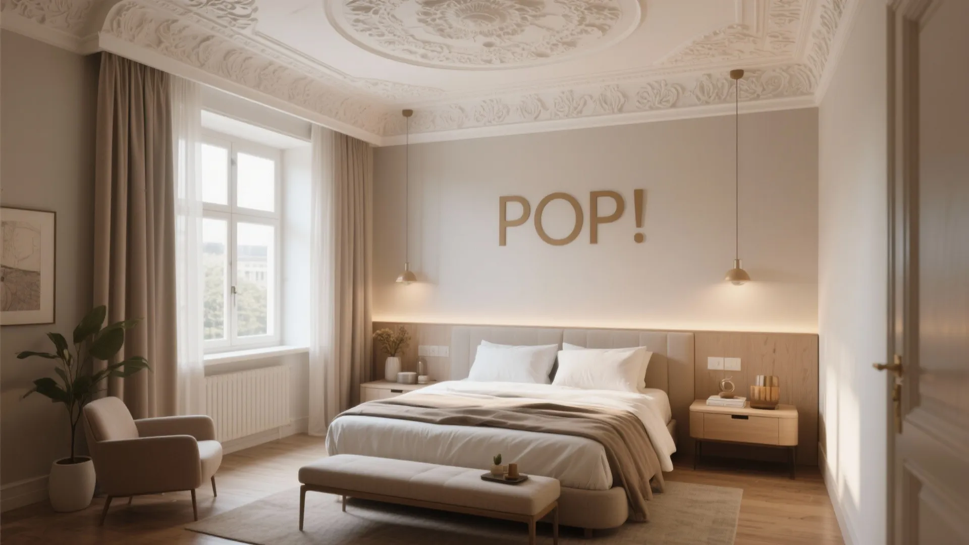 Guest bedroom with ornate white ceiling patterns beige walls wooden floor soft rug and footrest