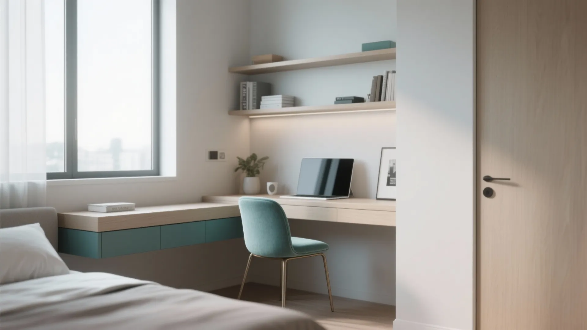 Modern home office corner with wooden desk teal chair wall shelves laptop and large bright window
