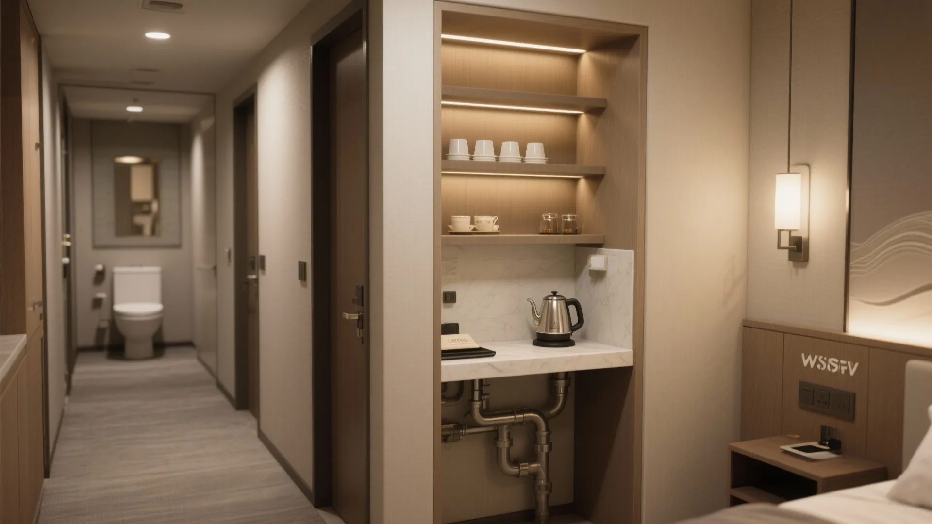 Hotel room hallway showing a small coffee station with shelves kettle cups and wall light fixture