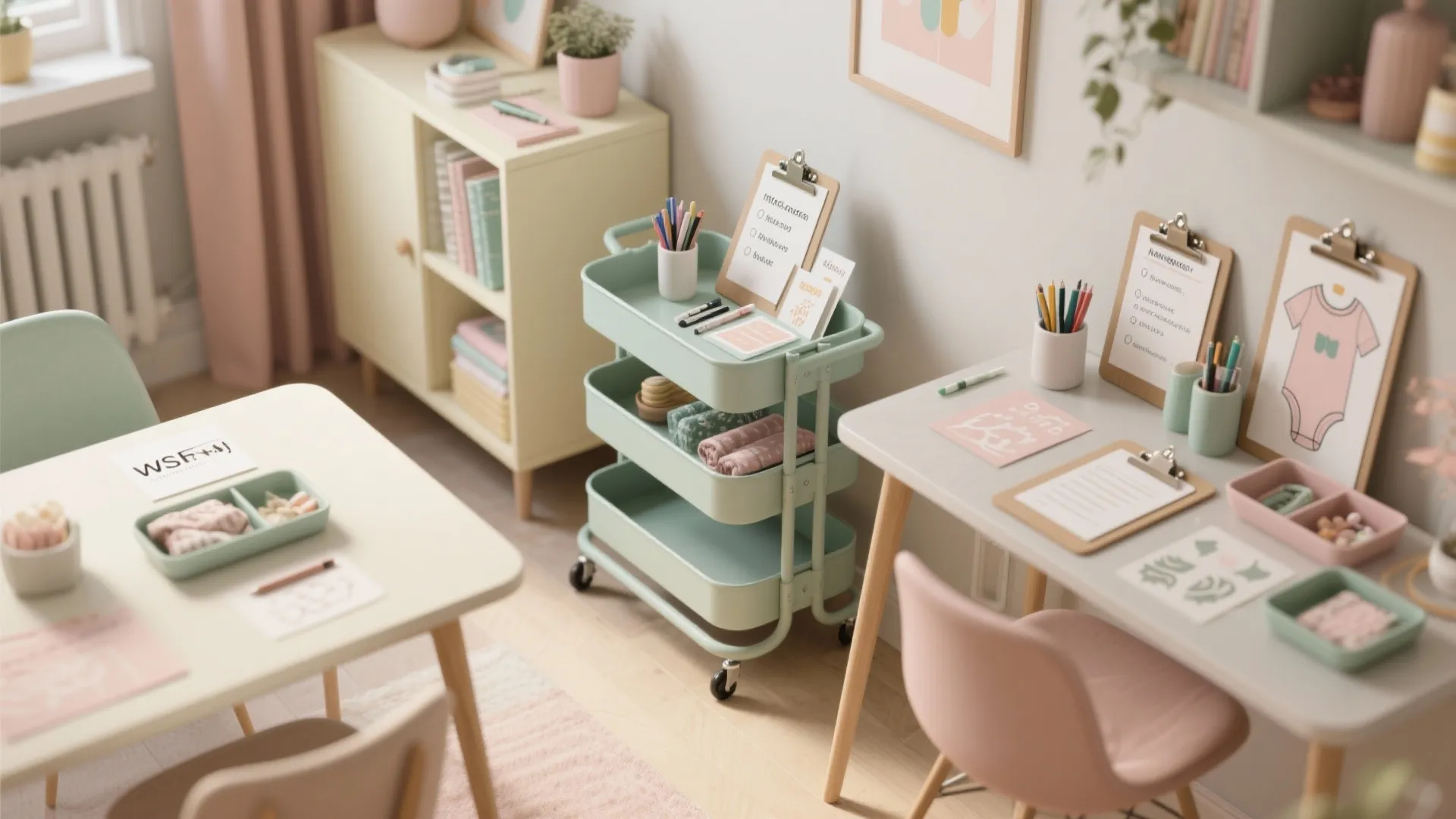 Pastel themed kids activity room featuring mint green cart, white desk, pink chair, and cabinet
