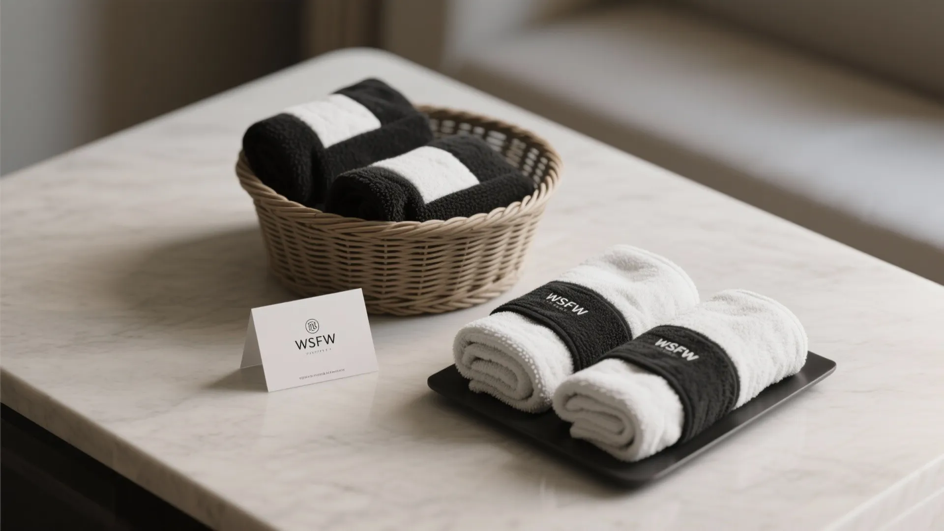 Rolled black and white guest towels in a basket and on a plate with card