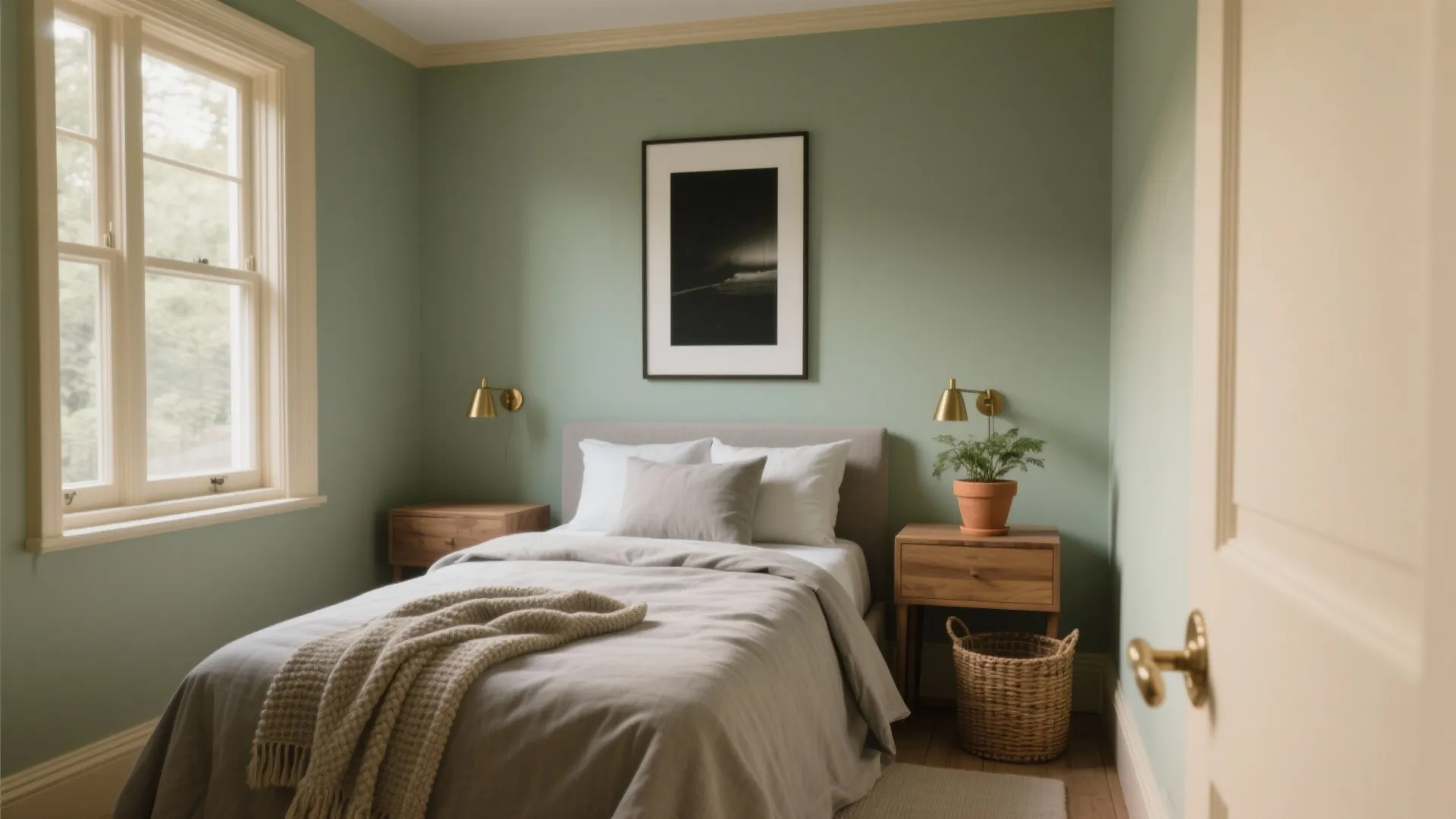 Sage green bedroom with single bed and black framed wall art plus golden wall lights