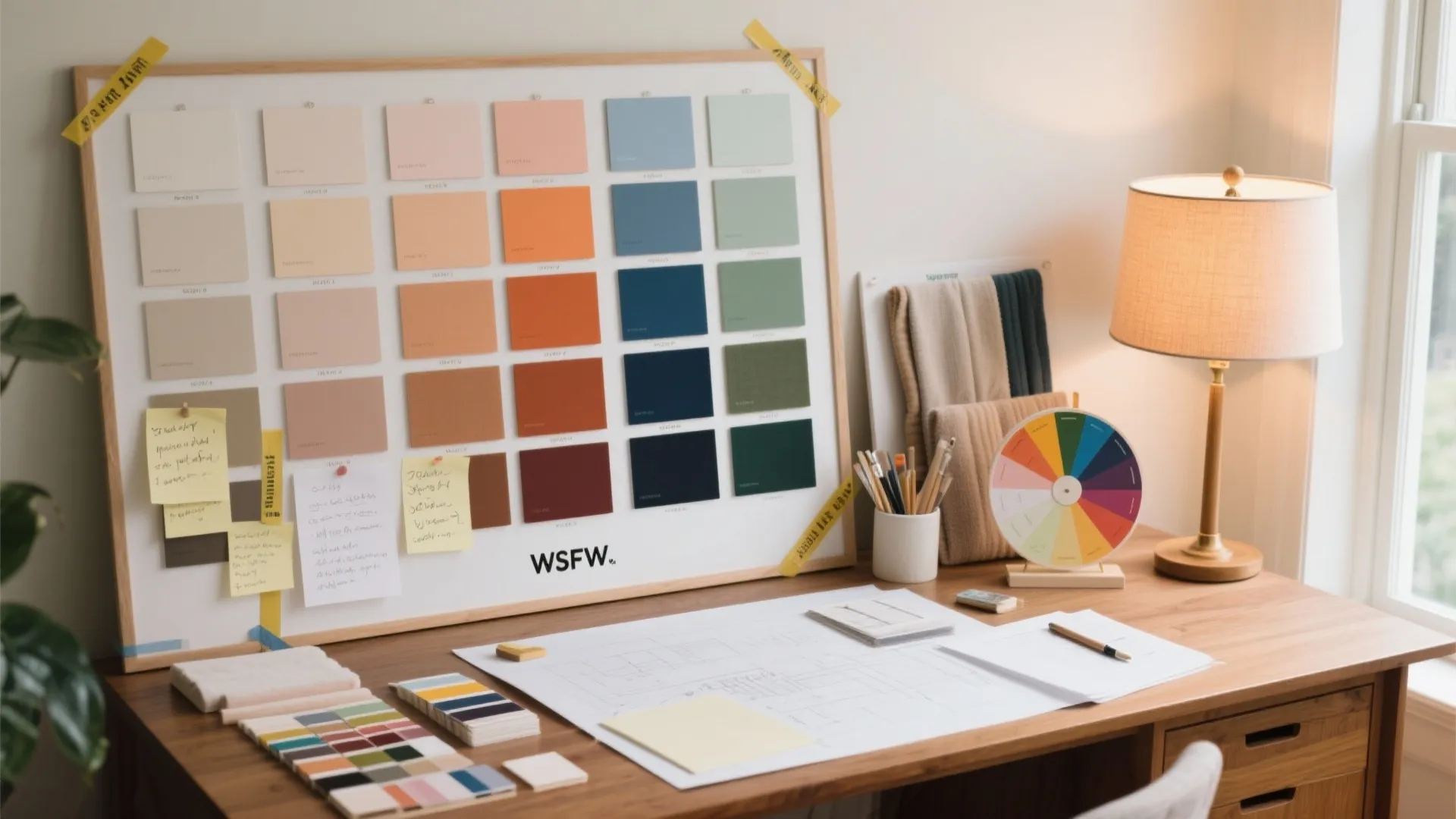 Wooden desk with color samples, interior design drawing, table light, and a colorful wheel chart