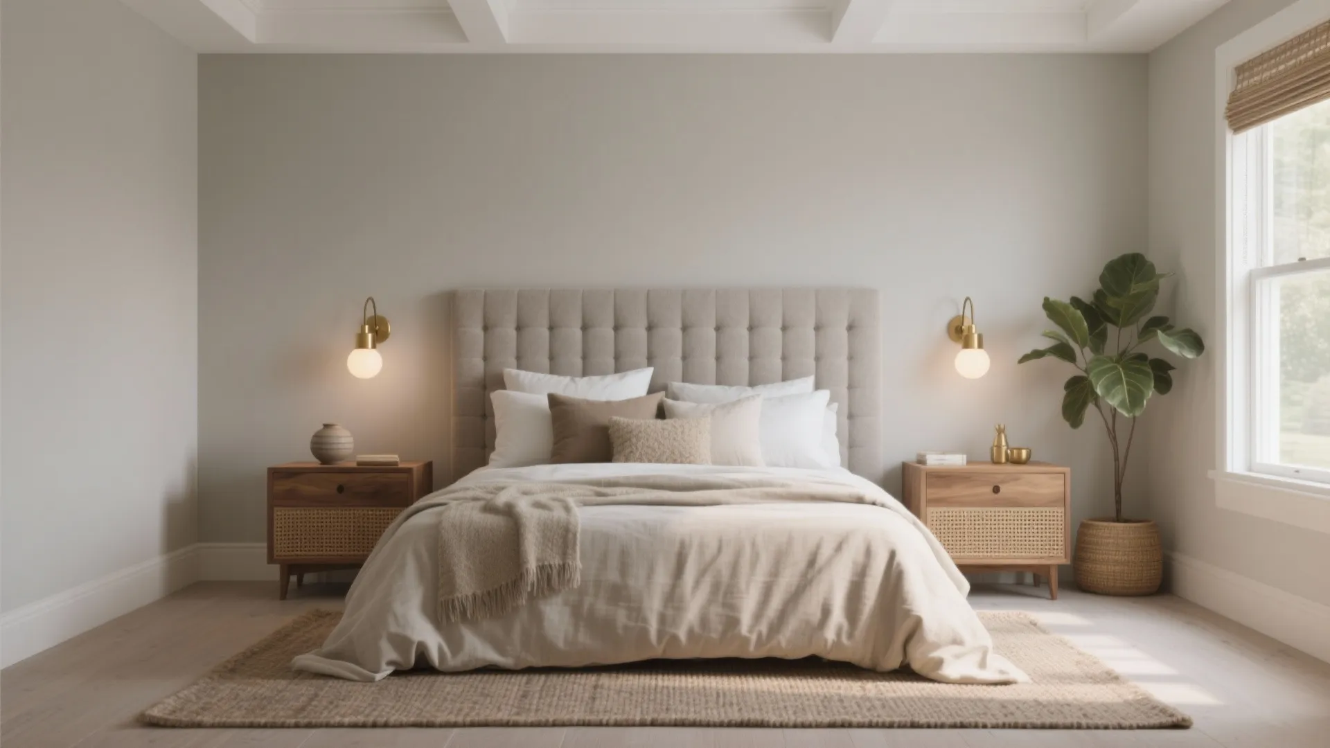 Symmetrical bedroom design with two wall lights over wooden cabinets and a large green plant