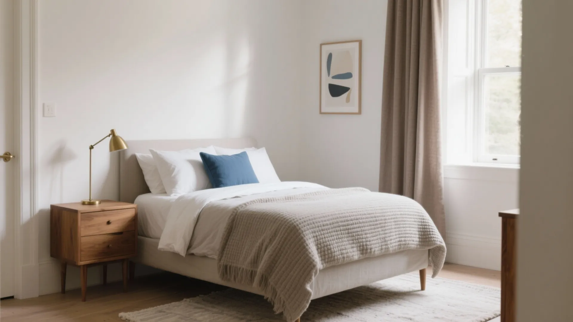 Bright minimal bedroom featuring a white bed wooden nightstand gold table light and a large window