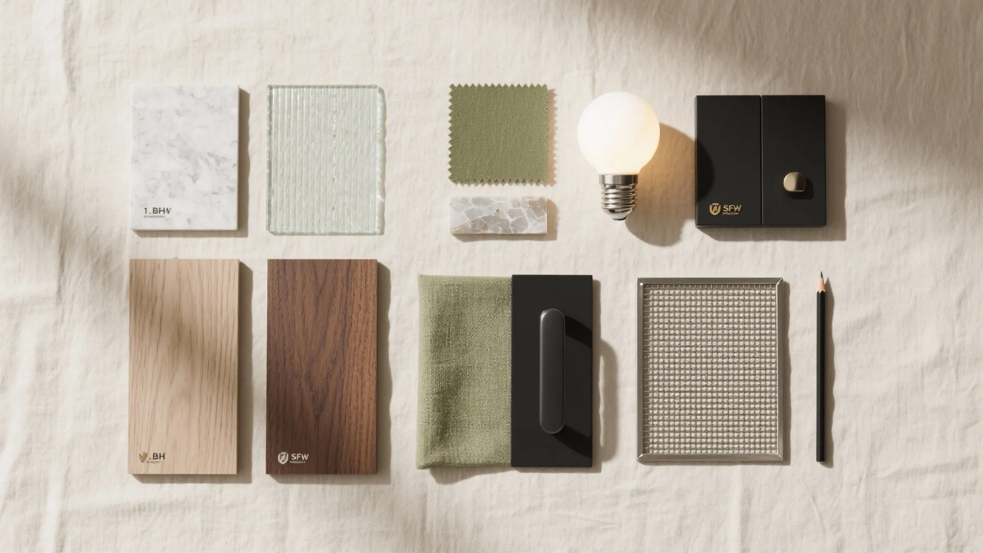 Interior design material samples featuring wood marble glass green fabric a light bulb and pencil