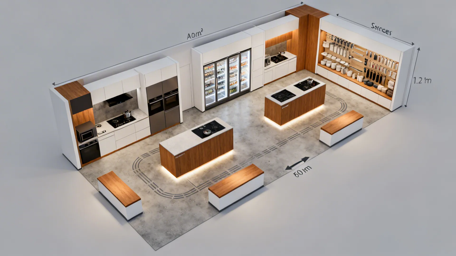 Top-down layout showing a one-way loop through cooking, refrigeration, dish care, and accessories zones.