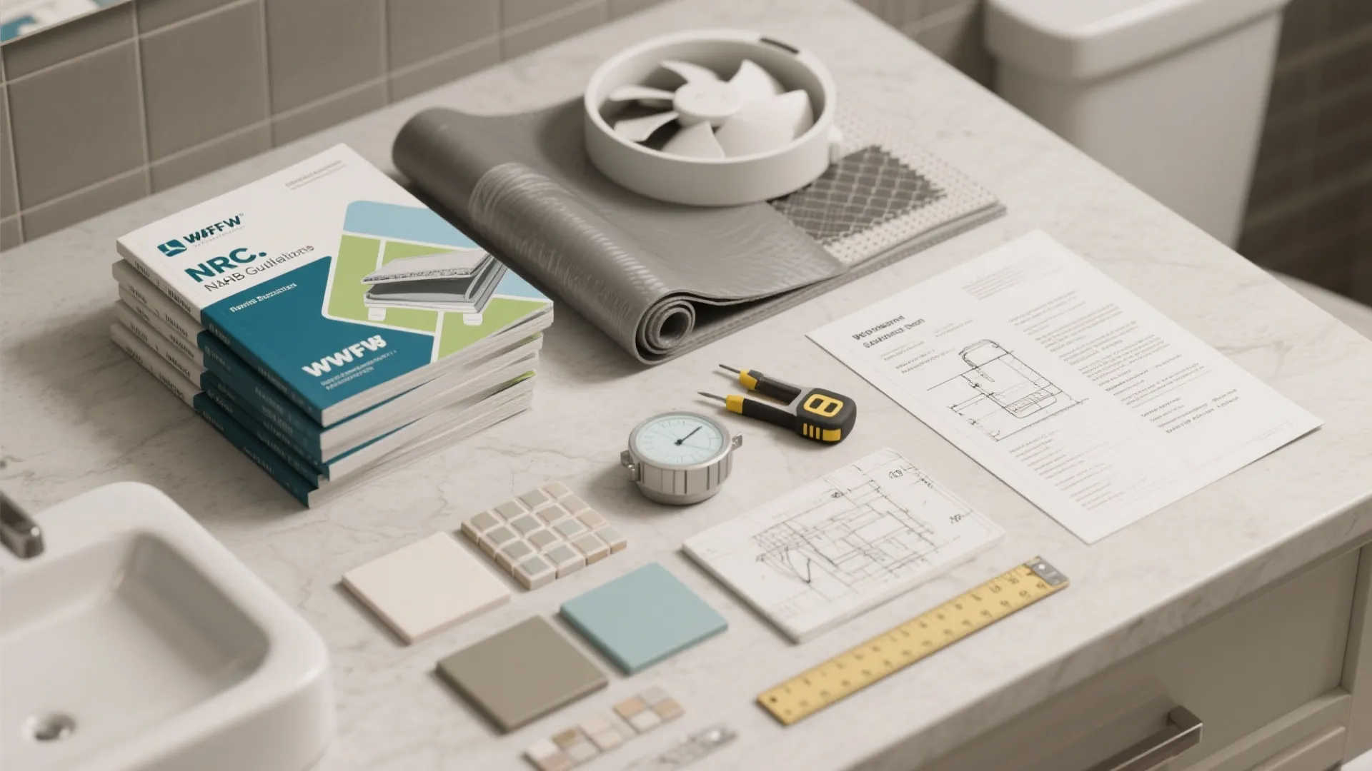 Flatlay of IRC and NAHB guideline booklets, waterproofing samples, ventilation specs, and tile swatches for bathroom planning.