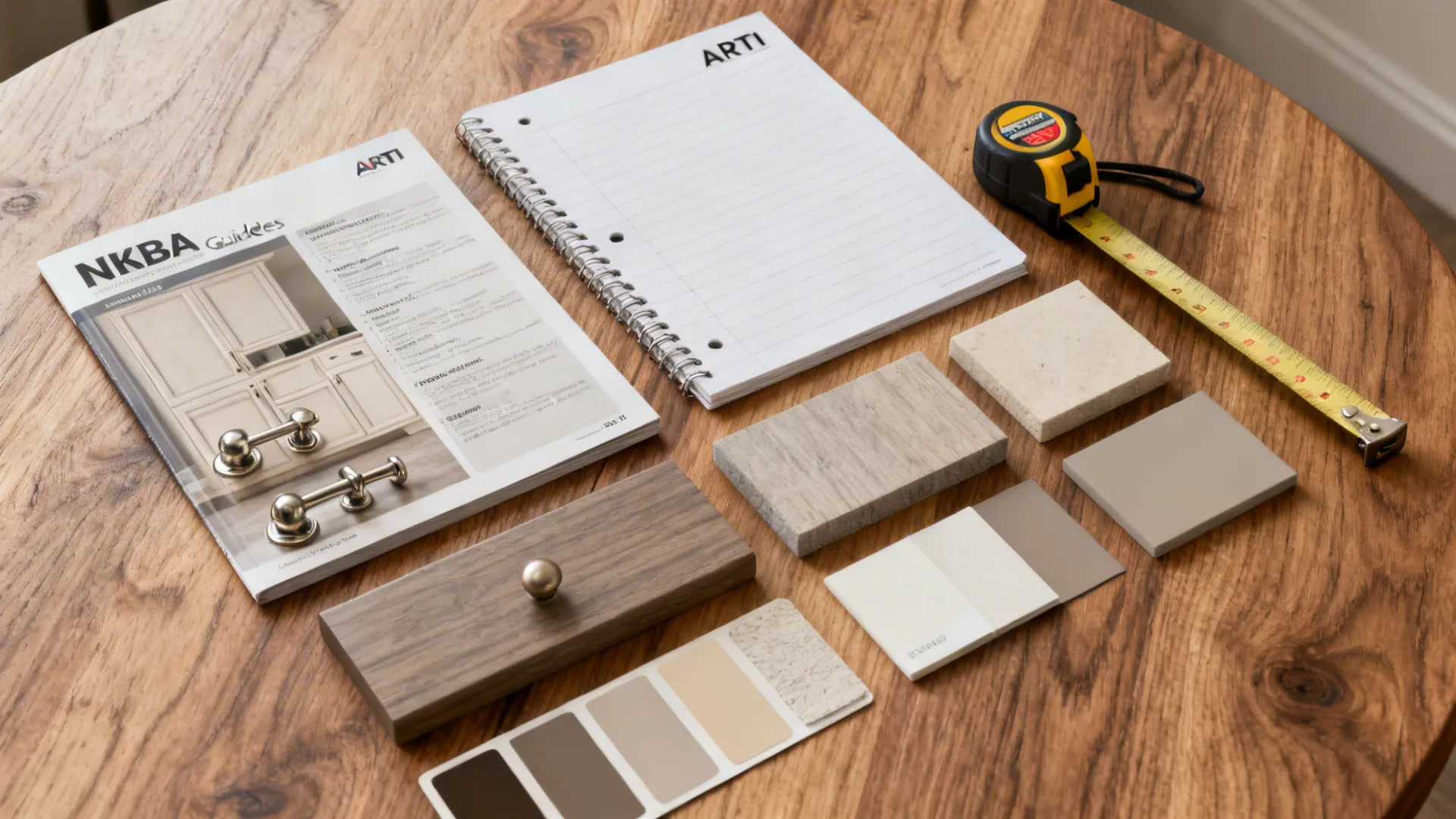 Flatlay of NKBA and ARTI guideline materials, tape measure, hardware samples and paint chips for closet planning.