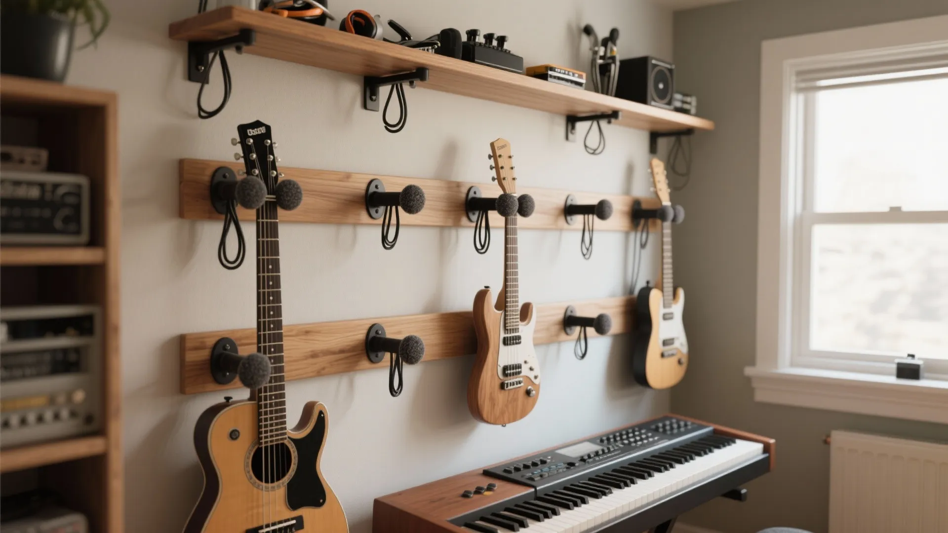Music room with guitars hanging on wall mounts above a piano keyboard and wooden shelves
