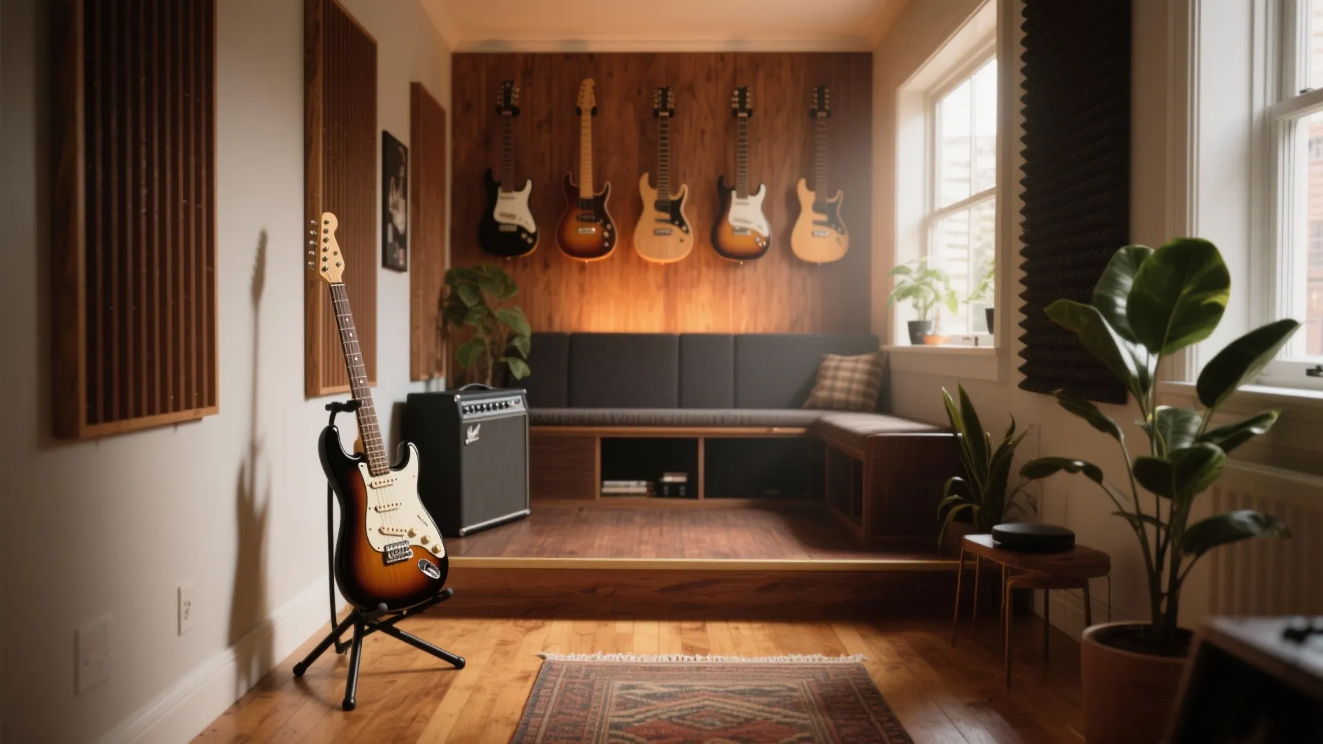 Modern music room featuring wall mounted electric guitars wooden floors black sofa and natural window lighting