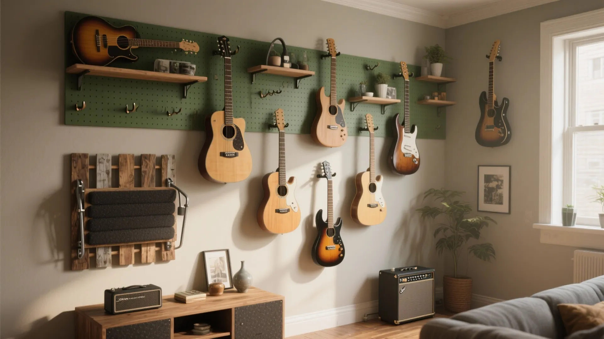 Music room with guitars on green pegboard wall with shelves plant and interior design elements
