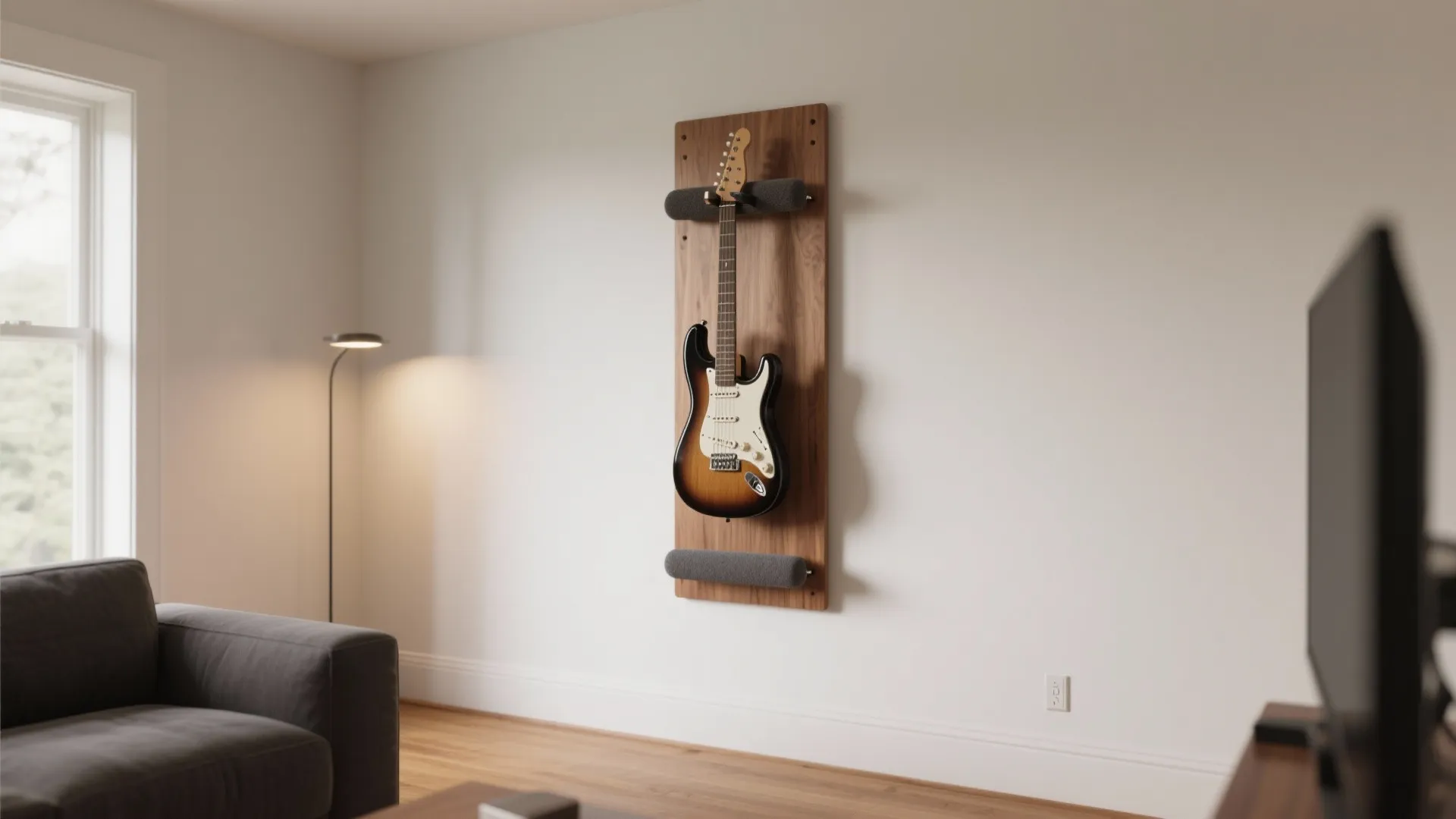 Electric guitar on wooden wall rack in a white living room with sofa and window