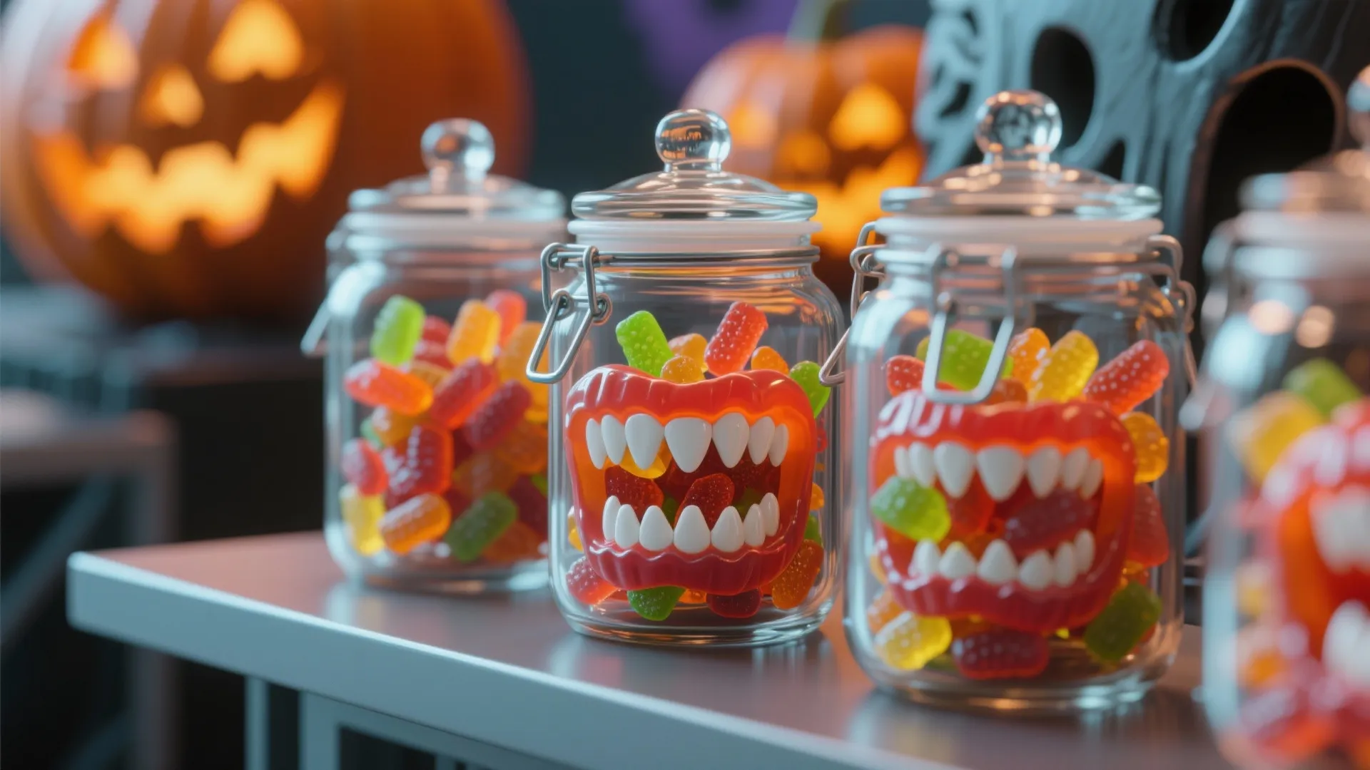 Glass jars filled with colorful gummy candy and monster teeth stickers on a white desk