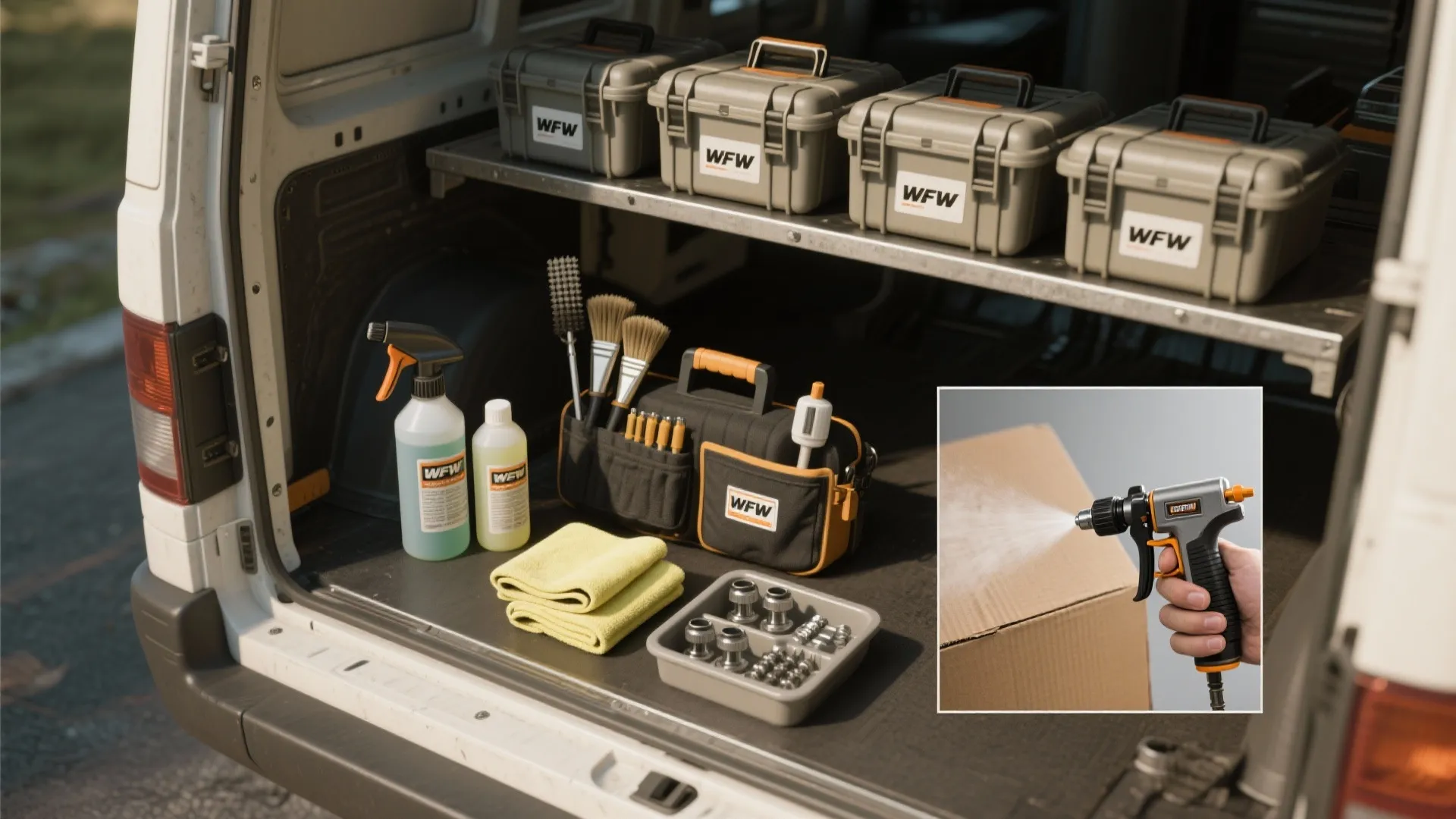 Compact spray gun cleaning kit with brushes, solvents and a labelled van storage shelf.