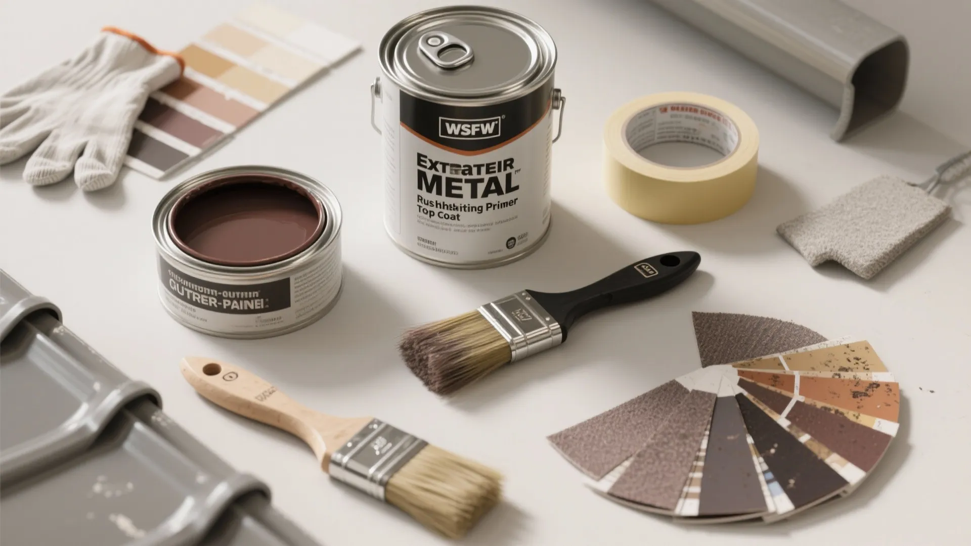 Metal paint cans brushes tape and color swatches on a table for house repair project