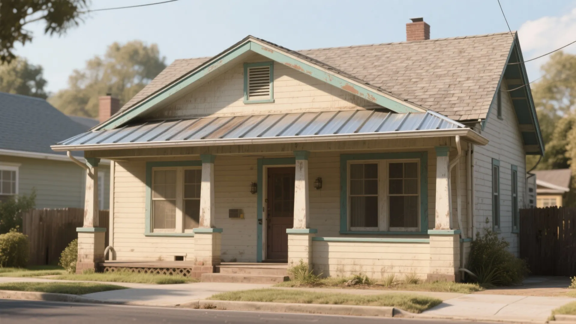 Classic small house with front porch wooden columns green trim and metal roof for home design
