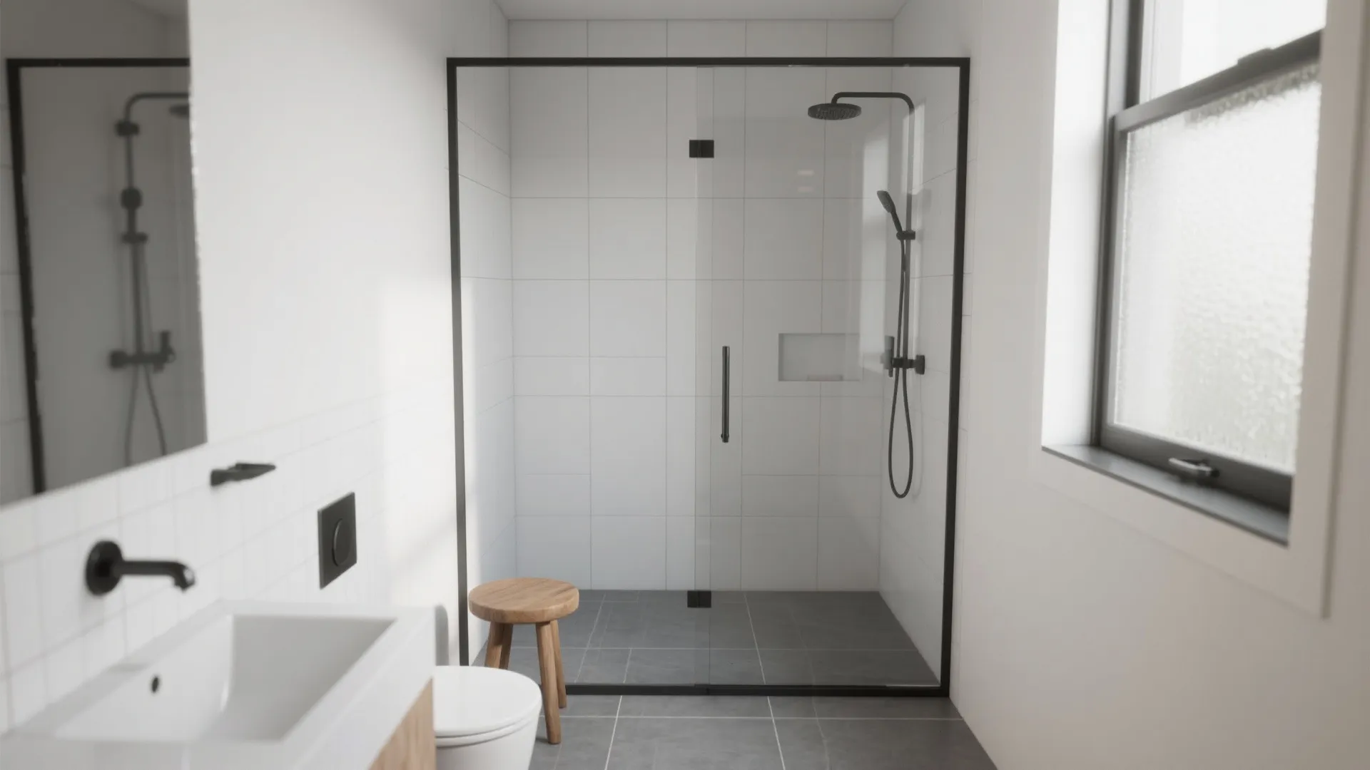 Modern bathroom with glass shower door black shower head white wall tiles and wooden footrest