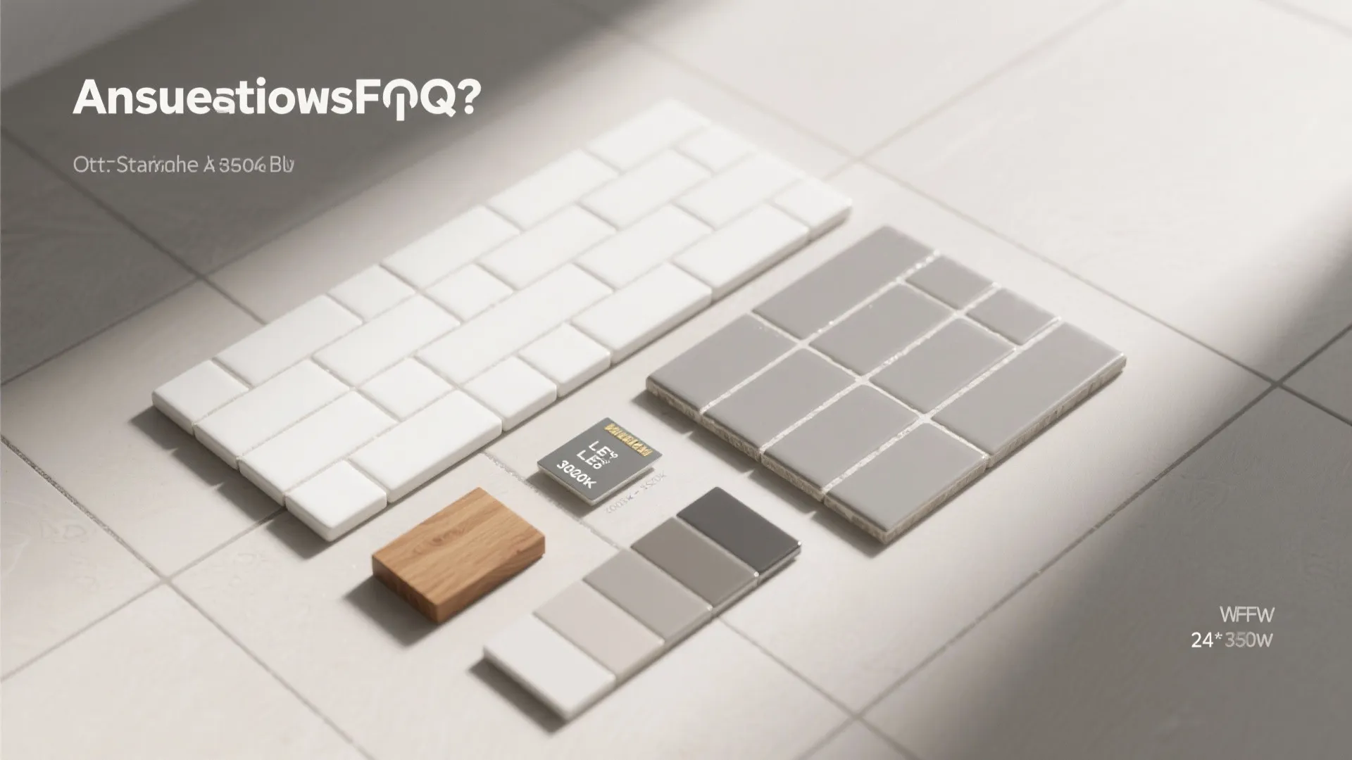 Selection of white and grey wall tiles with wood material samples on a grey floor