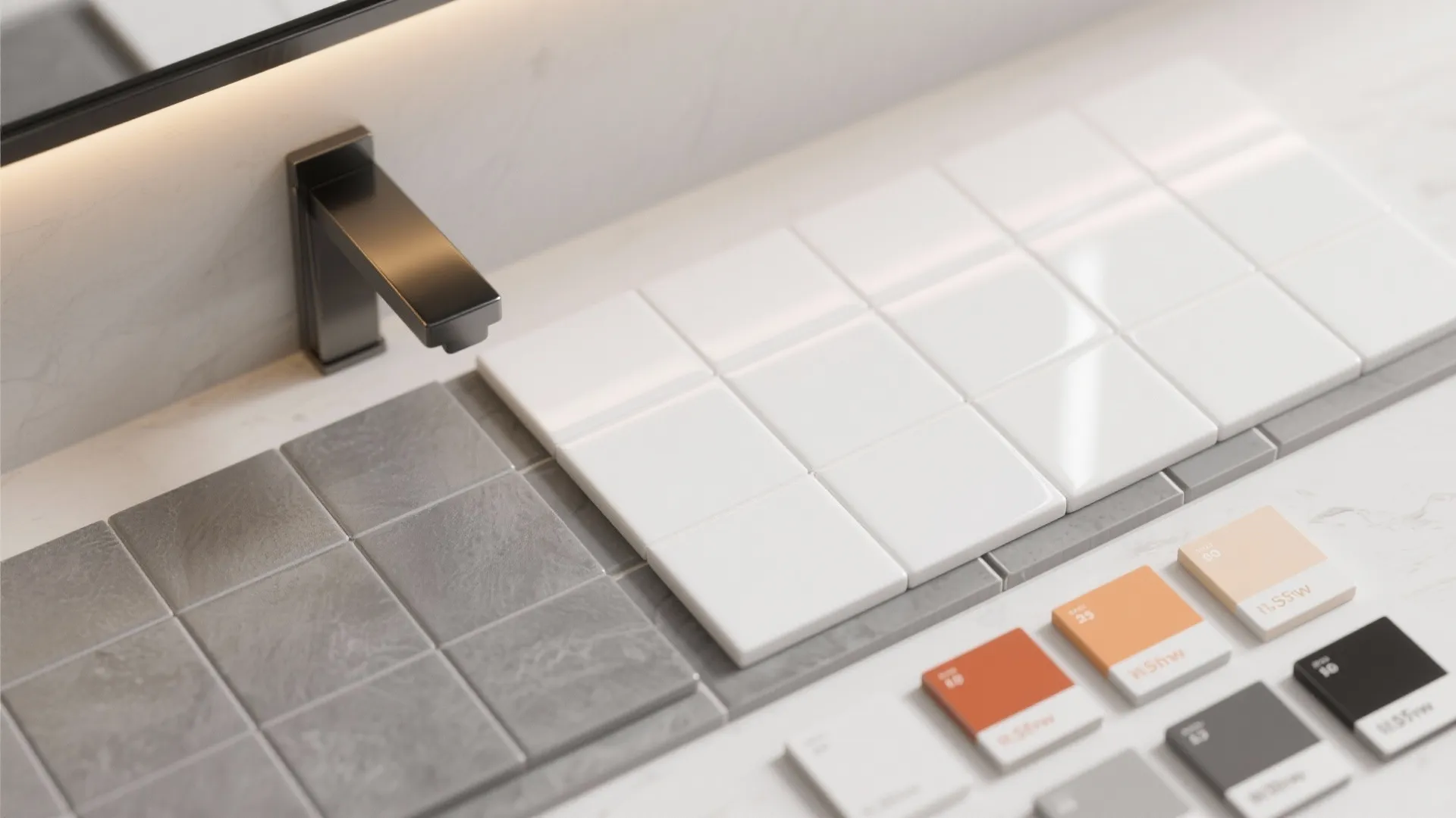 Modern bathroom vanity featuring white square tiles gray marble tiles black water tap and color samples