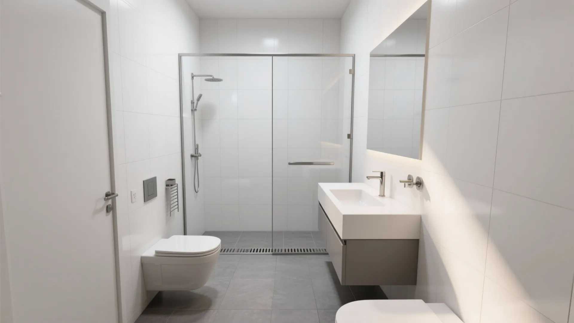 Modern white bathroom design featuring a glass shower door grey floor tiles and wall toilet