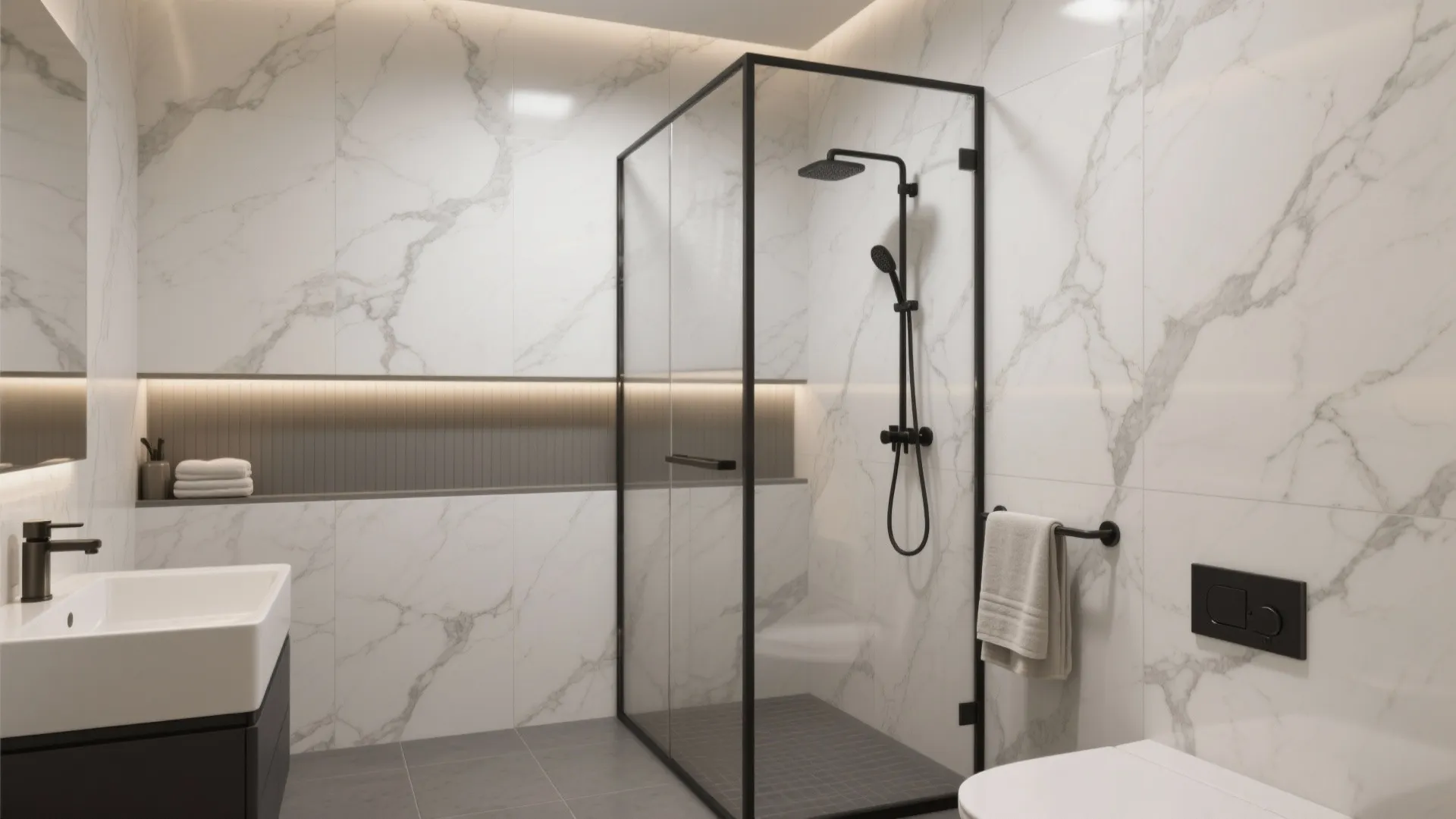 Bathroom with veined white marble-look porcelain walls and warm grey porcelain floor.