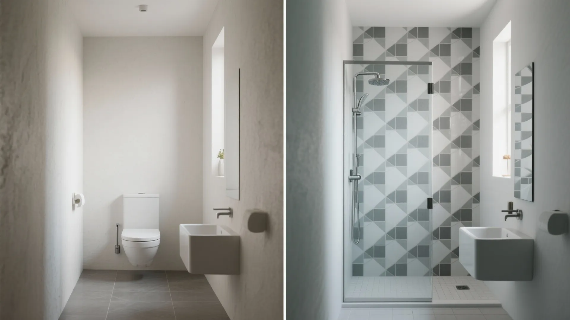 Before and after comparison of a plain white bathroom versus a bathroom with patterned tiles