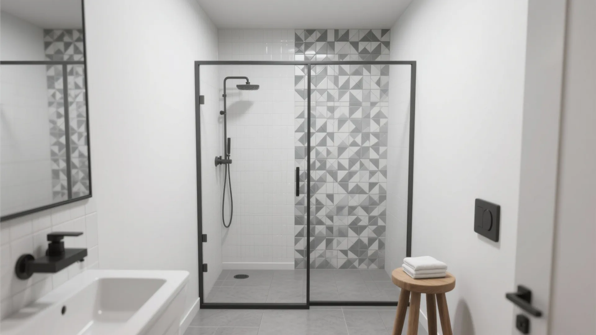 Bathroom interior featuring a pattern tile wall glass shower door white sink and wooden stool